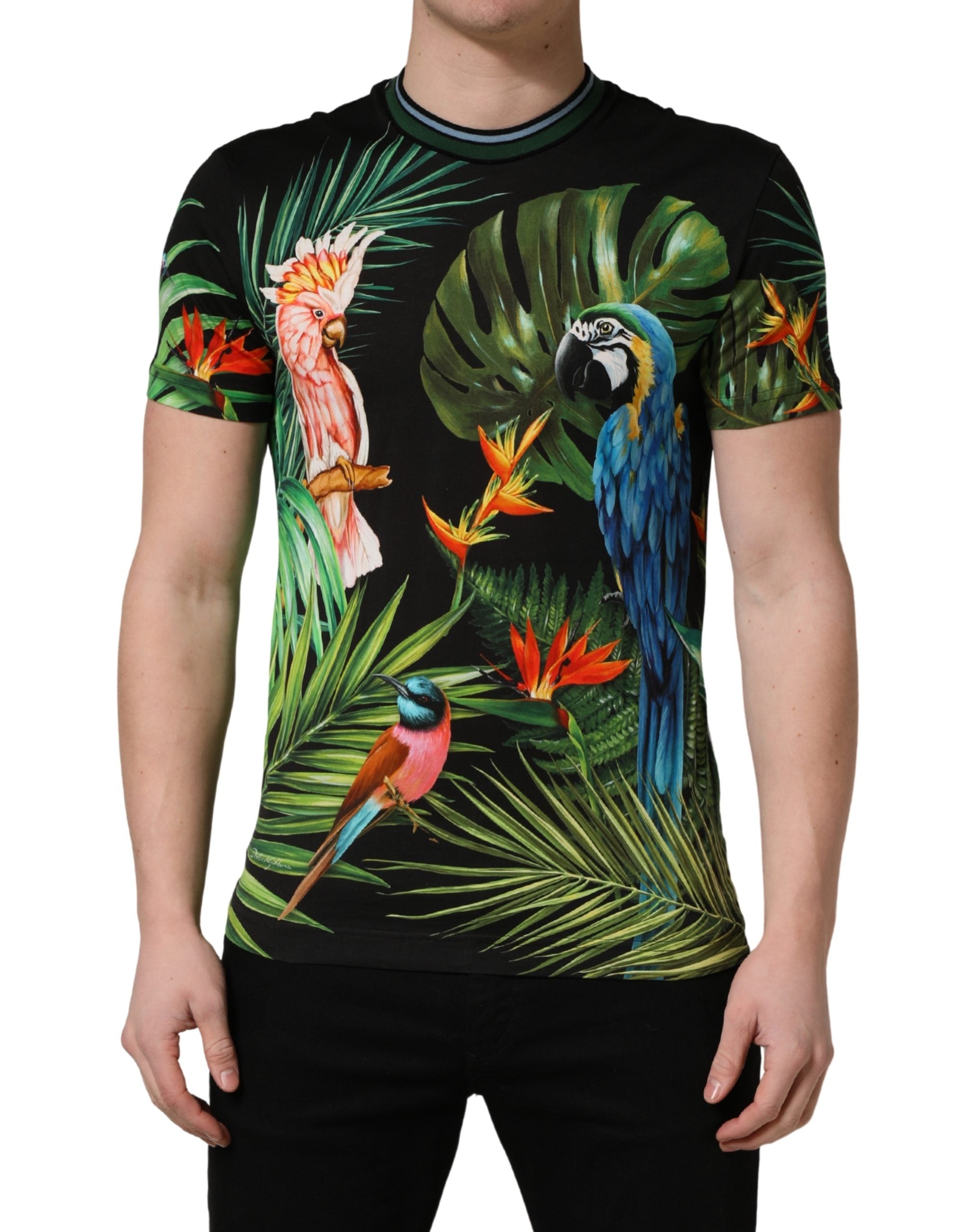 Dolce & Gabbana Black Bird Print Cotton Men Crew Neck T-shirt Dolce & Gabbana
