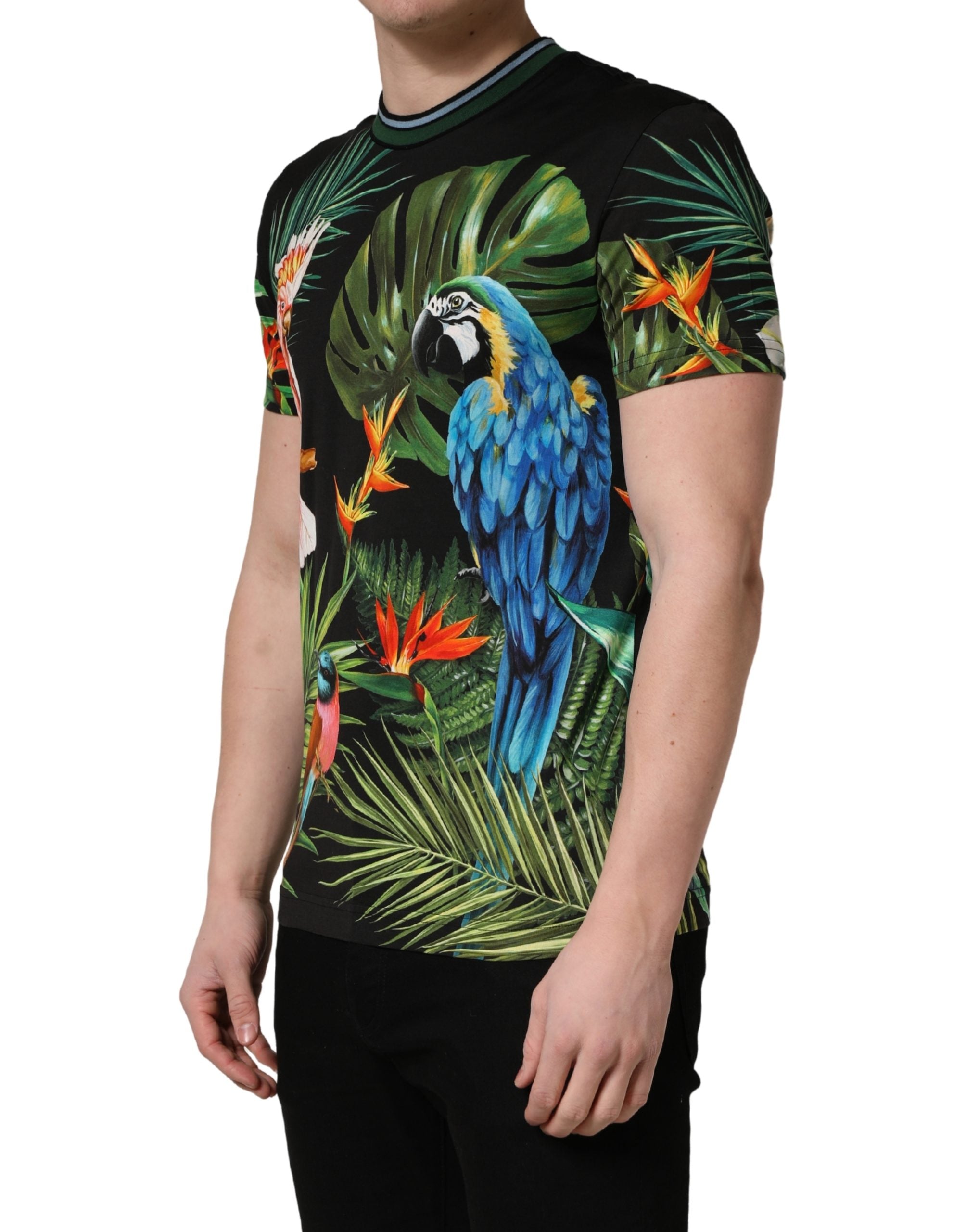 Dolce & Gabbana Black Bird Print Cotton Men Crew Neck T-shirt Dolce & Gabbana