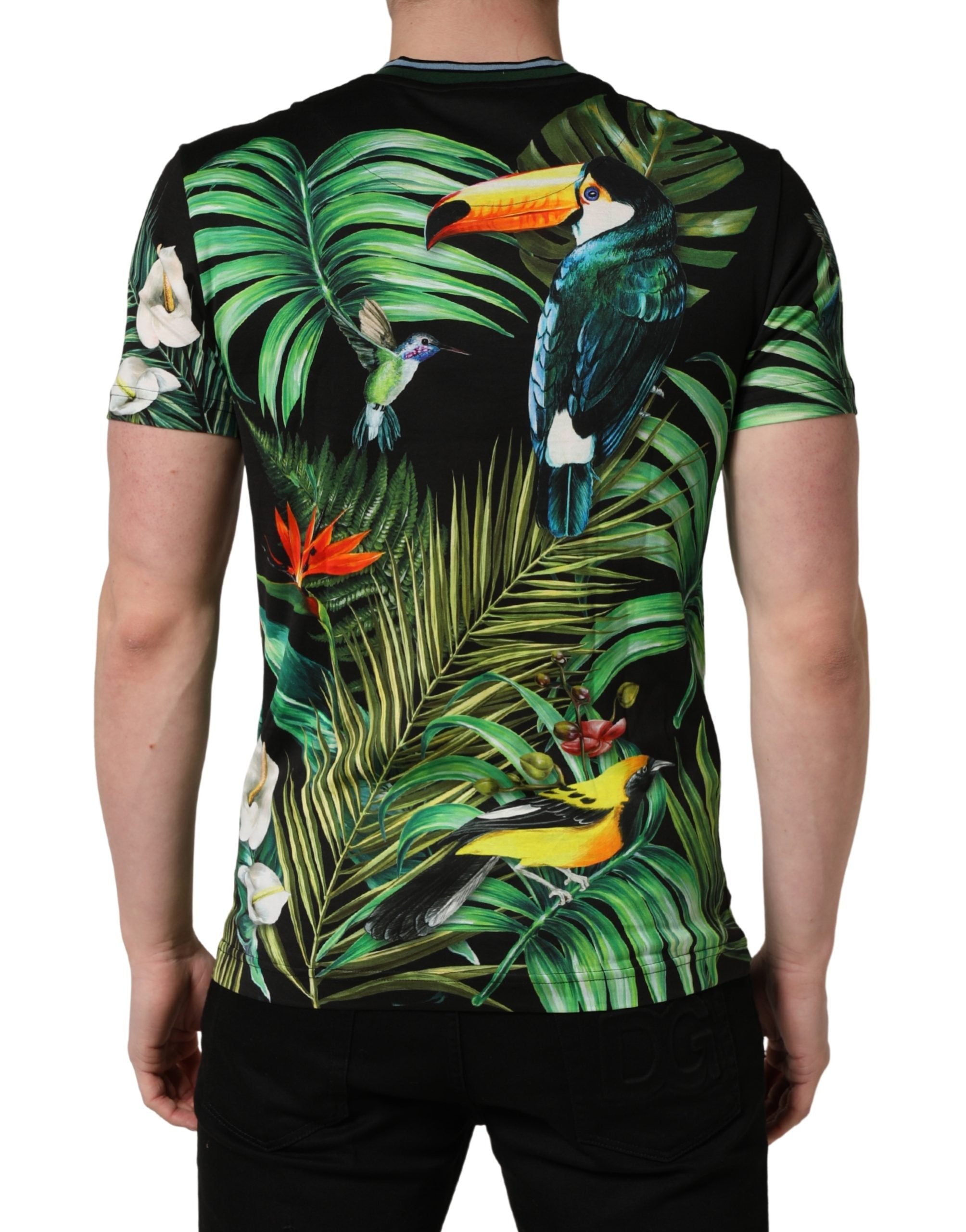 Dolce & Gabbana Black Bird Print Cotton Men Crew Neck T-shirt Dolce & Gabbana