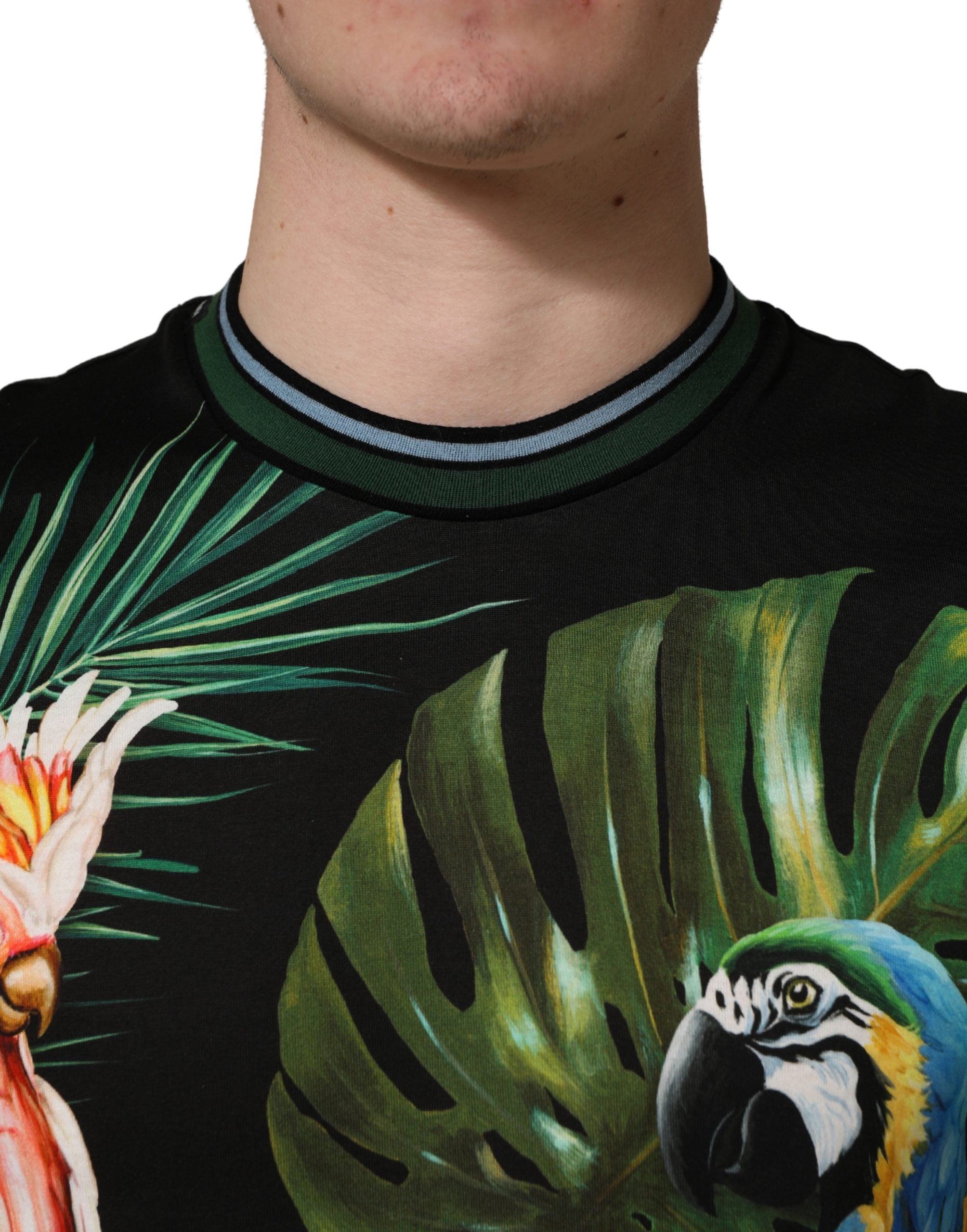 Dolce & Gabbana Black Bird Print Cotton Men Crew Neck T-shirt Dolce & Gabbana