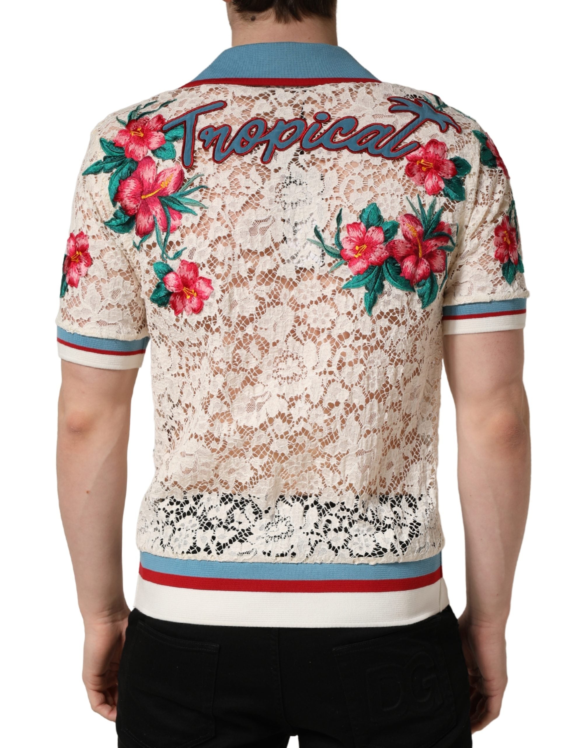Dolce & Gabbana Beige Floral Tennis Club Lace Polo T-shirt Dolce & Gabbana