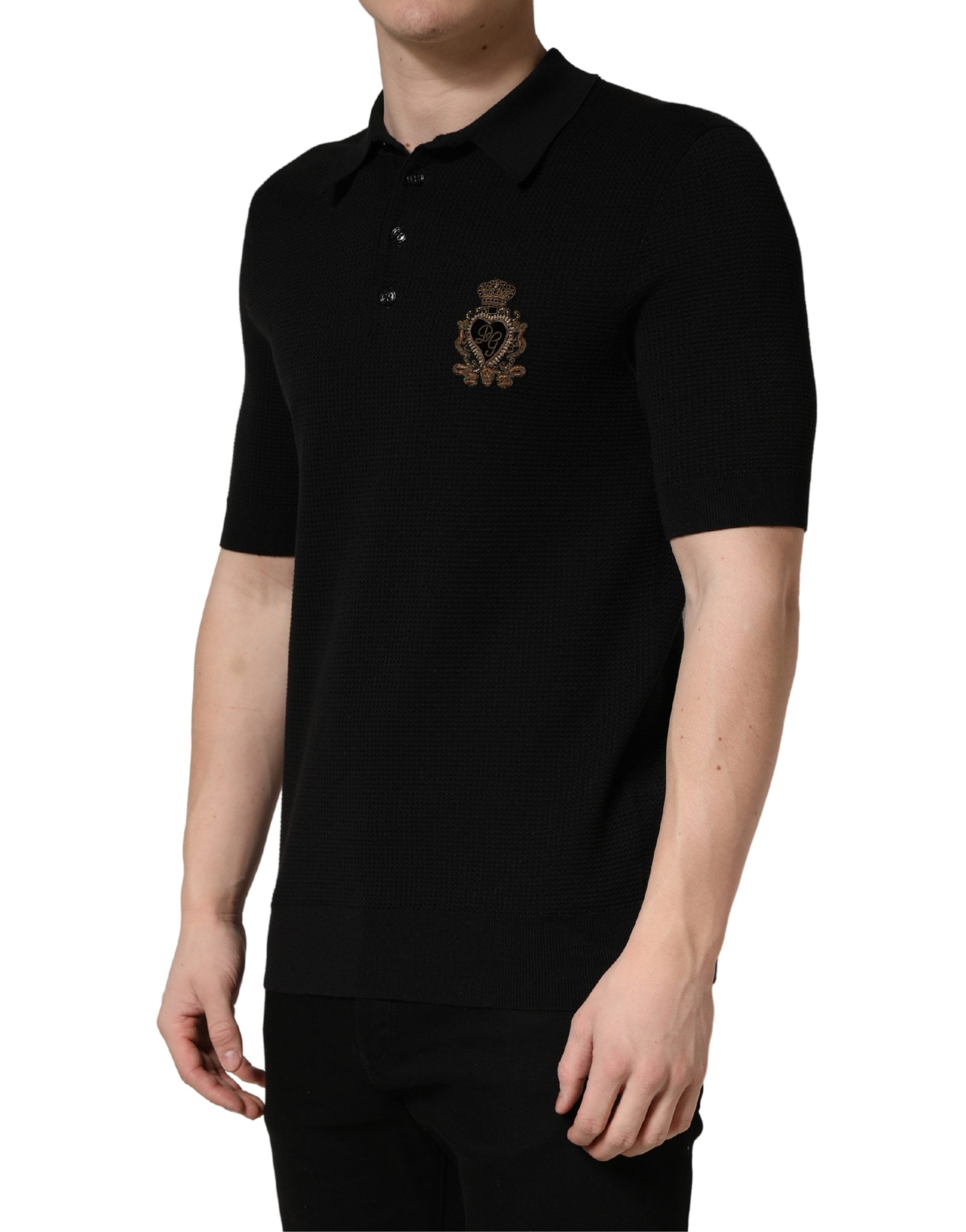 Dolce & Gabbana Black Heraldic Crest Patch Silk Polo T-shirt Dolce & Gabbana