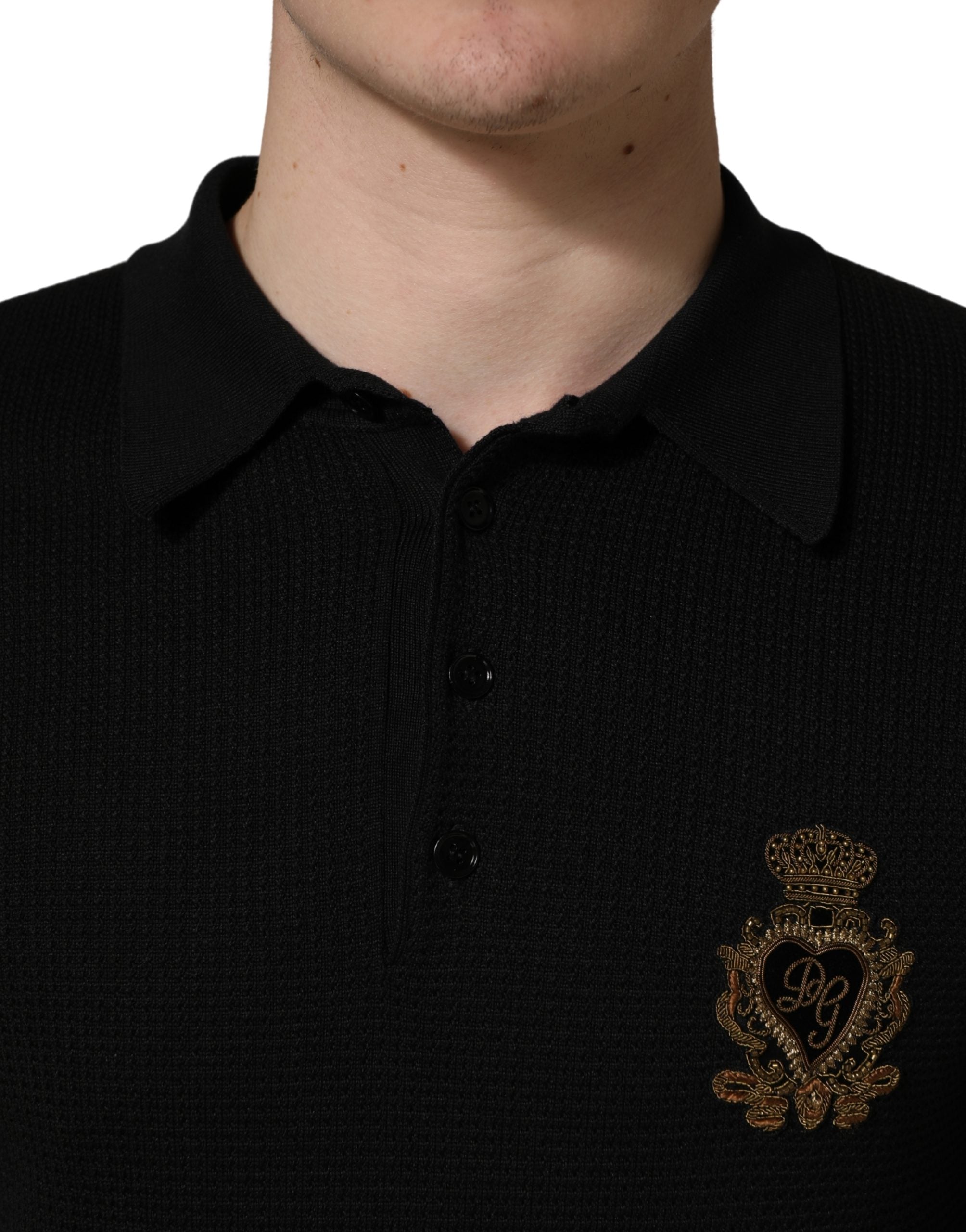 Dolce & Gabbana Black Heraldic Crest Patch Silk Polo T-shirt Dolce & Gabbana