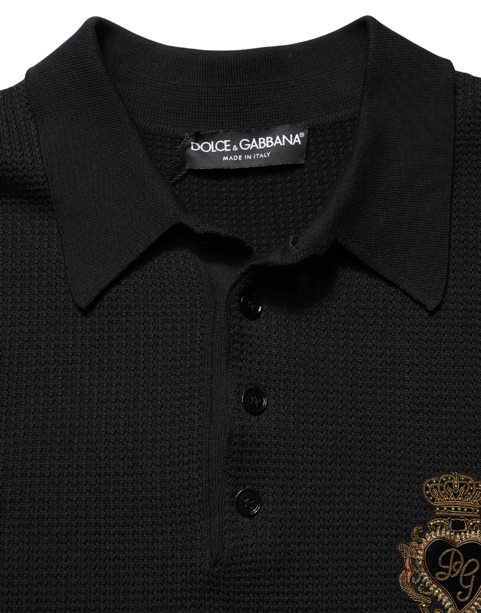 Dolce & Gabbana Black Heraldic Crest Patch Silk Polo T-shirt Dolce & Gabbana