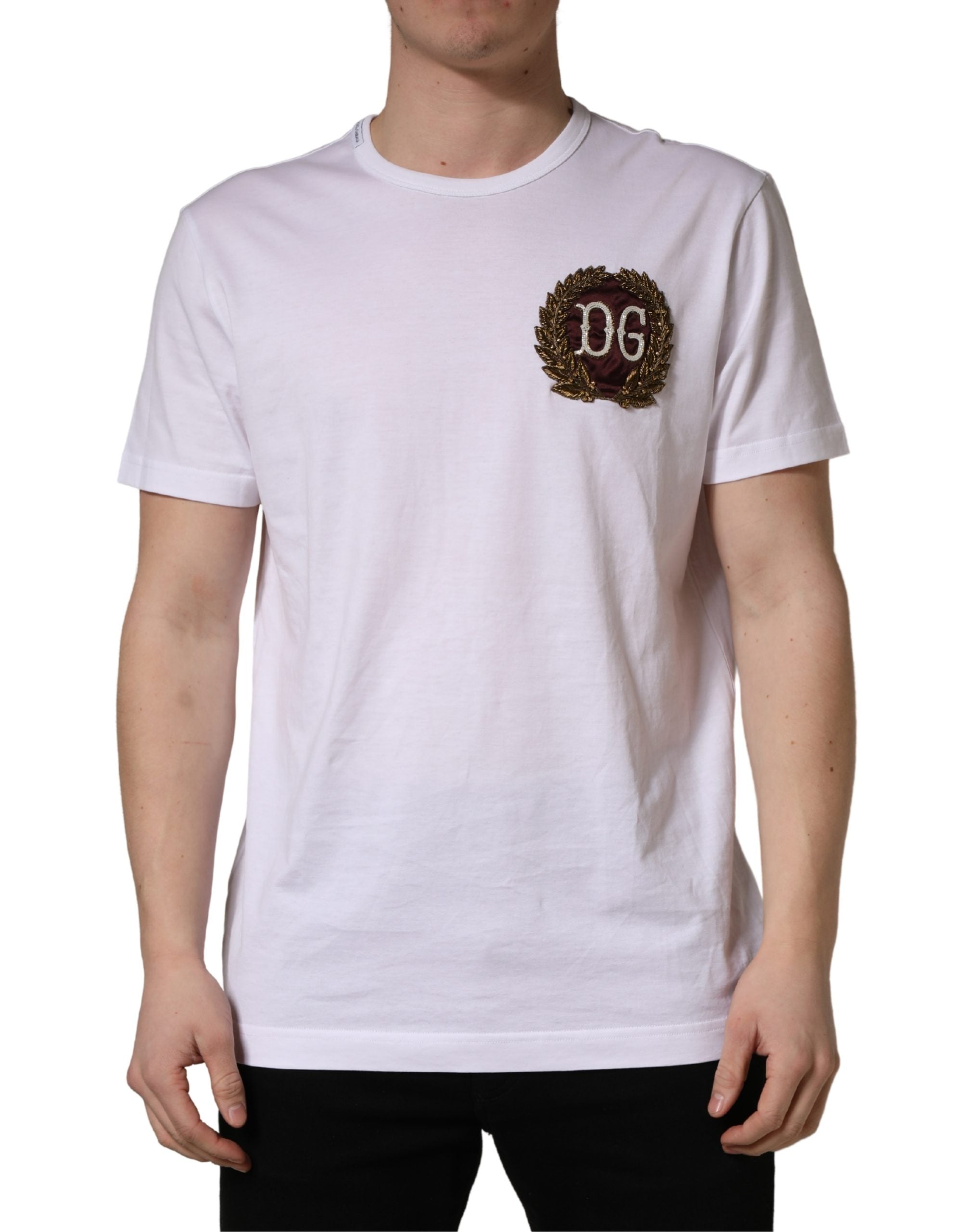 Dolce & Gabbana White DG Leaf Embroidery Crew Neck  T-shirt Dolce & Gabbana