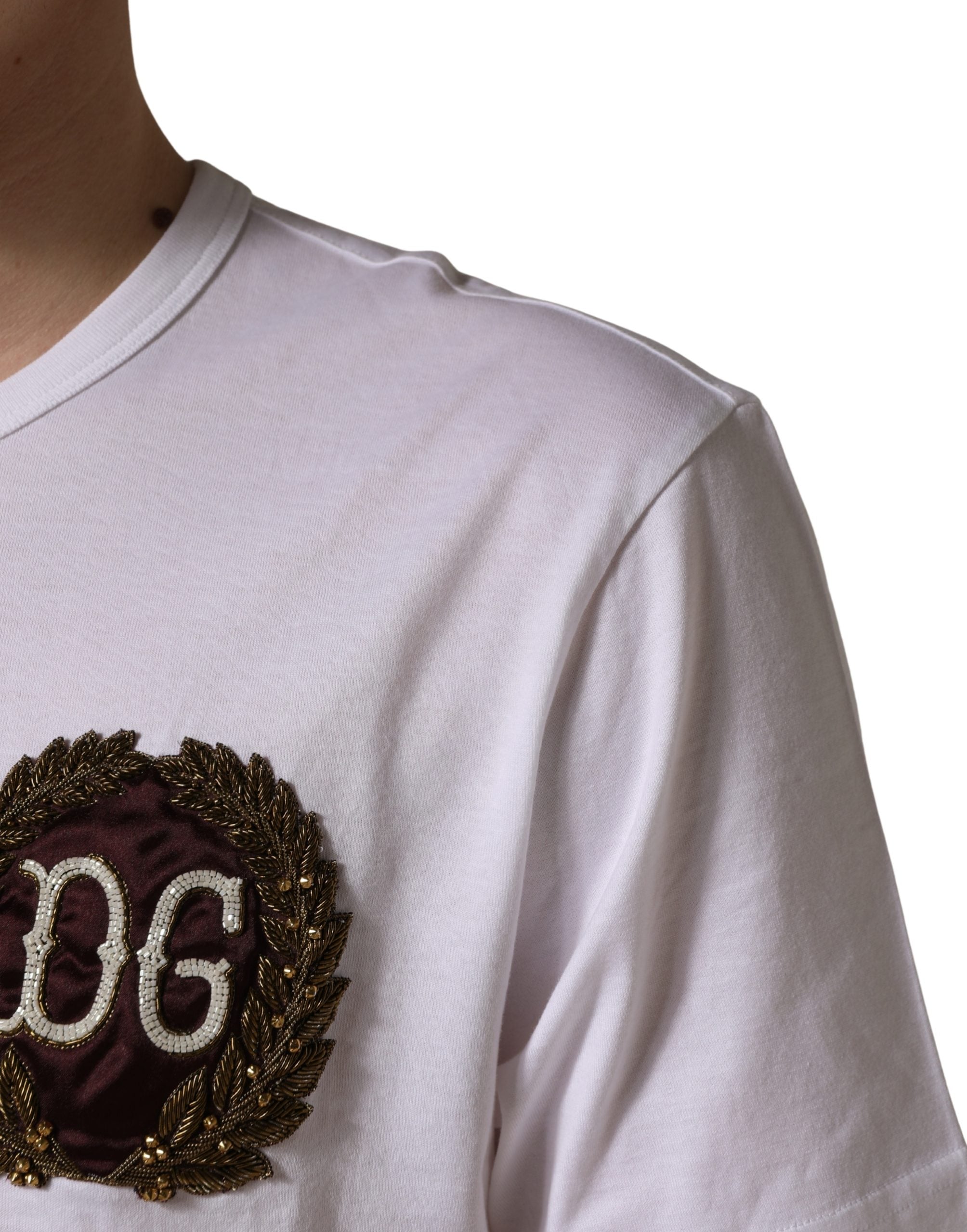 Dolce & Gabbana White DG Leaf Embroidery Crew Neck  T-shirt Dolce & Gabbana