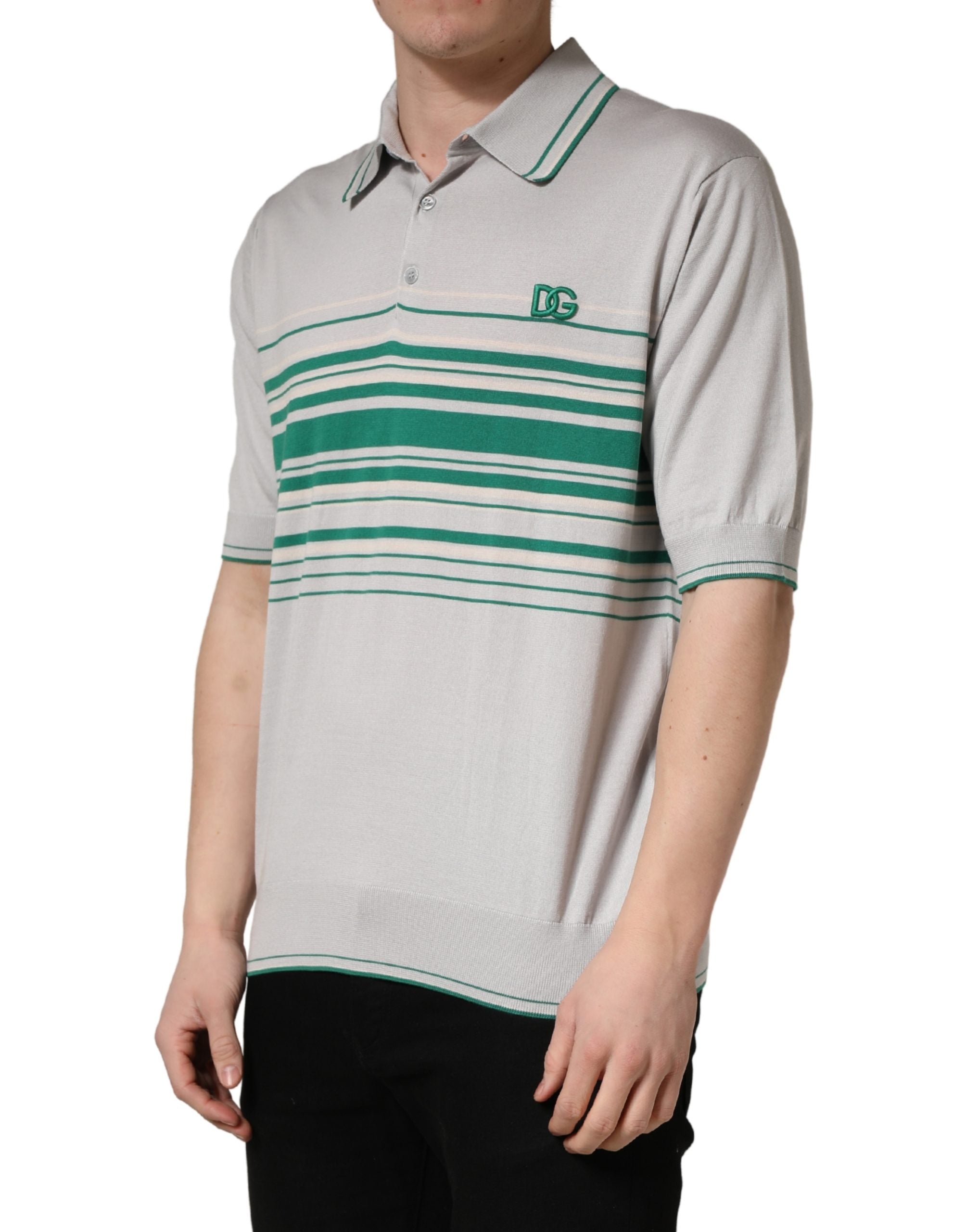 Dolce & Gabbana Gray Green Striped Logo Silk Polo T-shirt Dolce & Gabbana