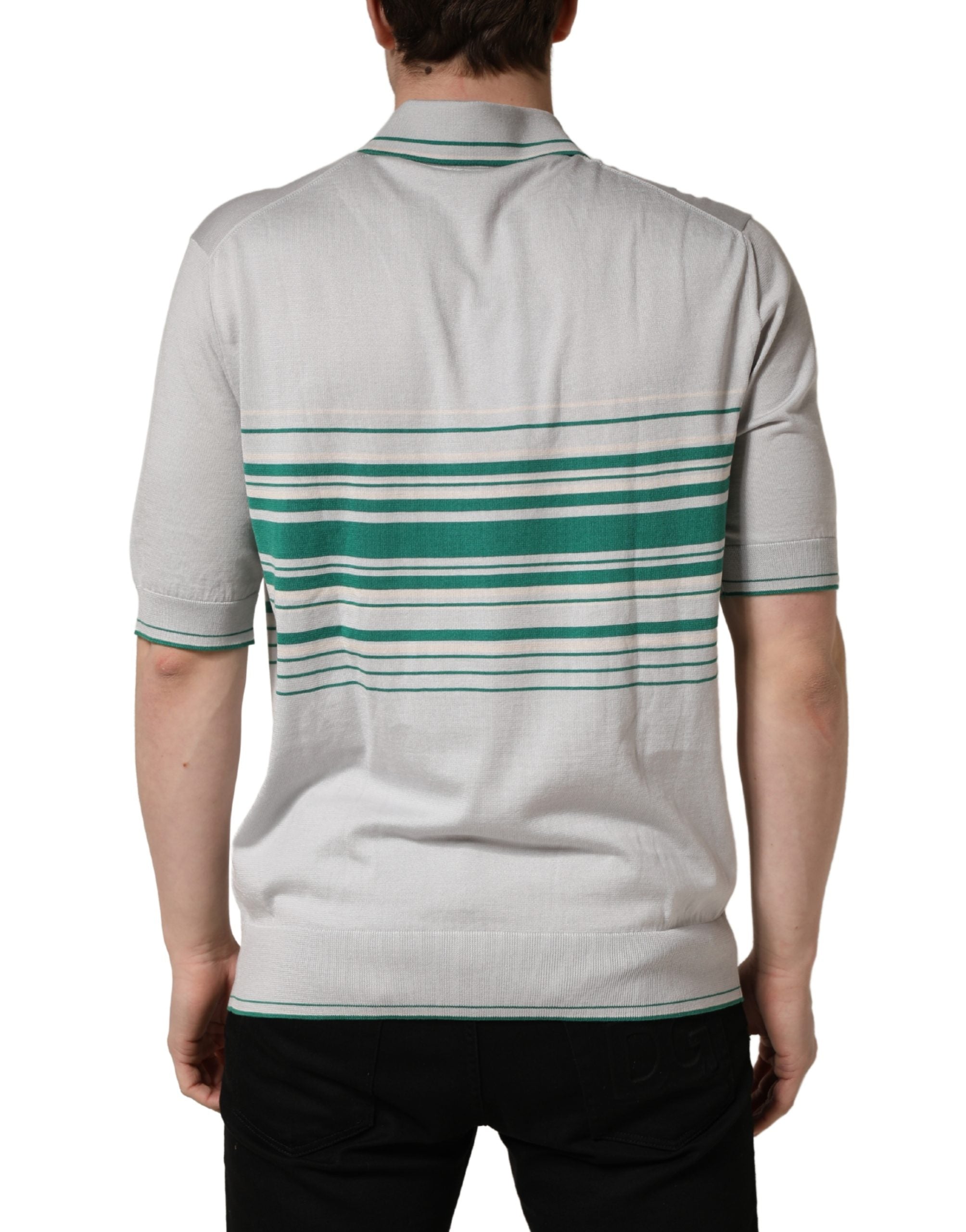 Dolce & Gabbana Gray Green Striped Logo Silk Polo T-shirt Dolce & Gabbana