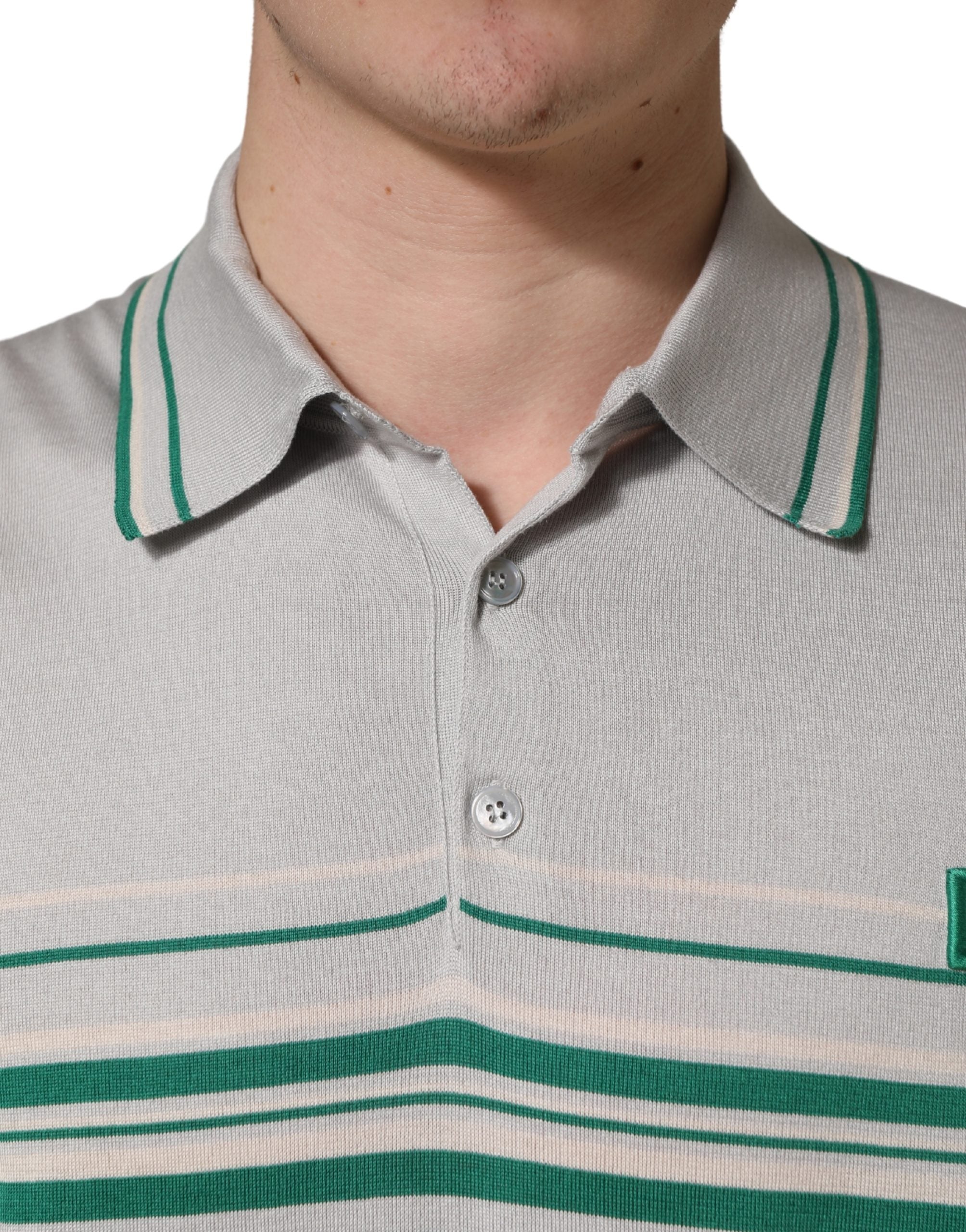 Dolce & Gabbana Gray Green Striped Logo Silk Polo T-shirt Dolce & Gabbana