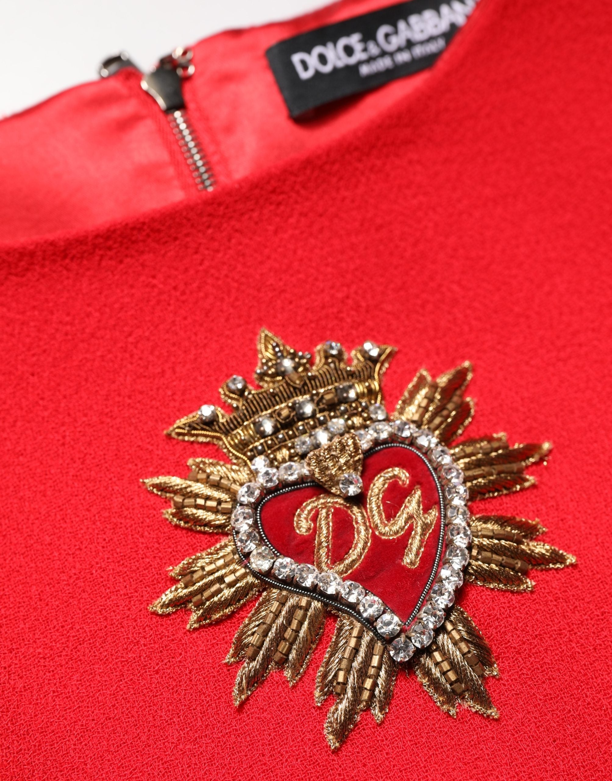 Dolce & Gabbana Red Heart Emmbellished Wool Mini  Dress Dolce & Gabbana