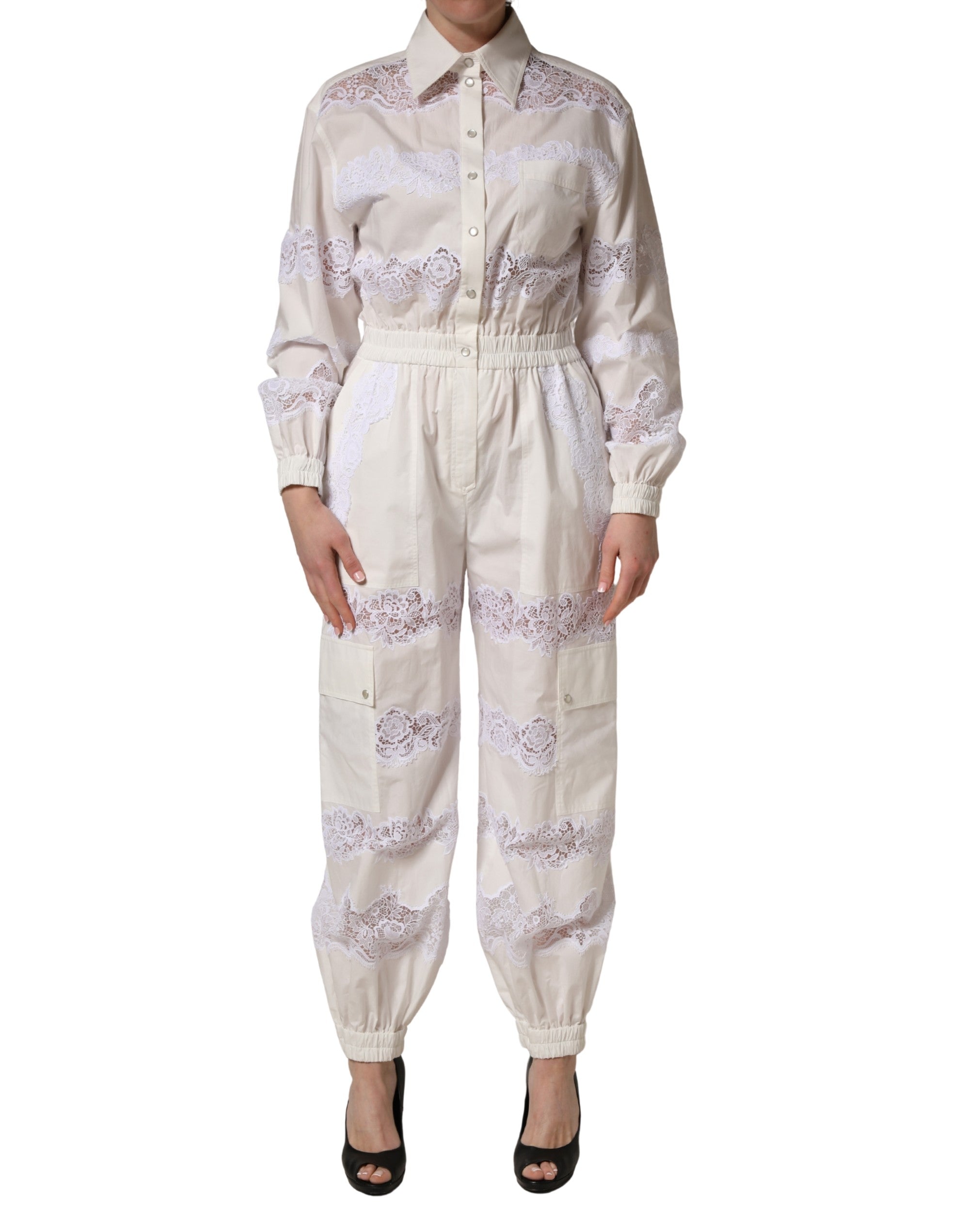 Dolce & Gabbana White Cotton Lace Trim Long Sleeves Jumpsuit Dolce & Gabbana
