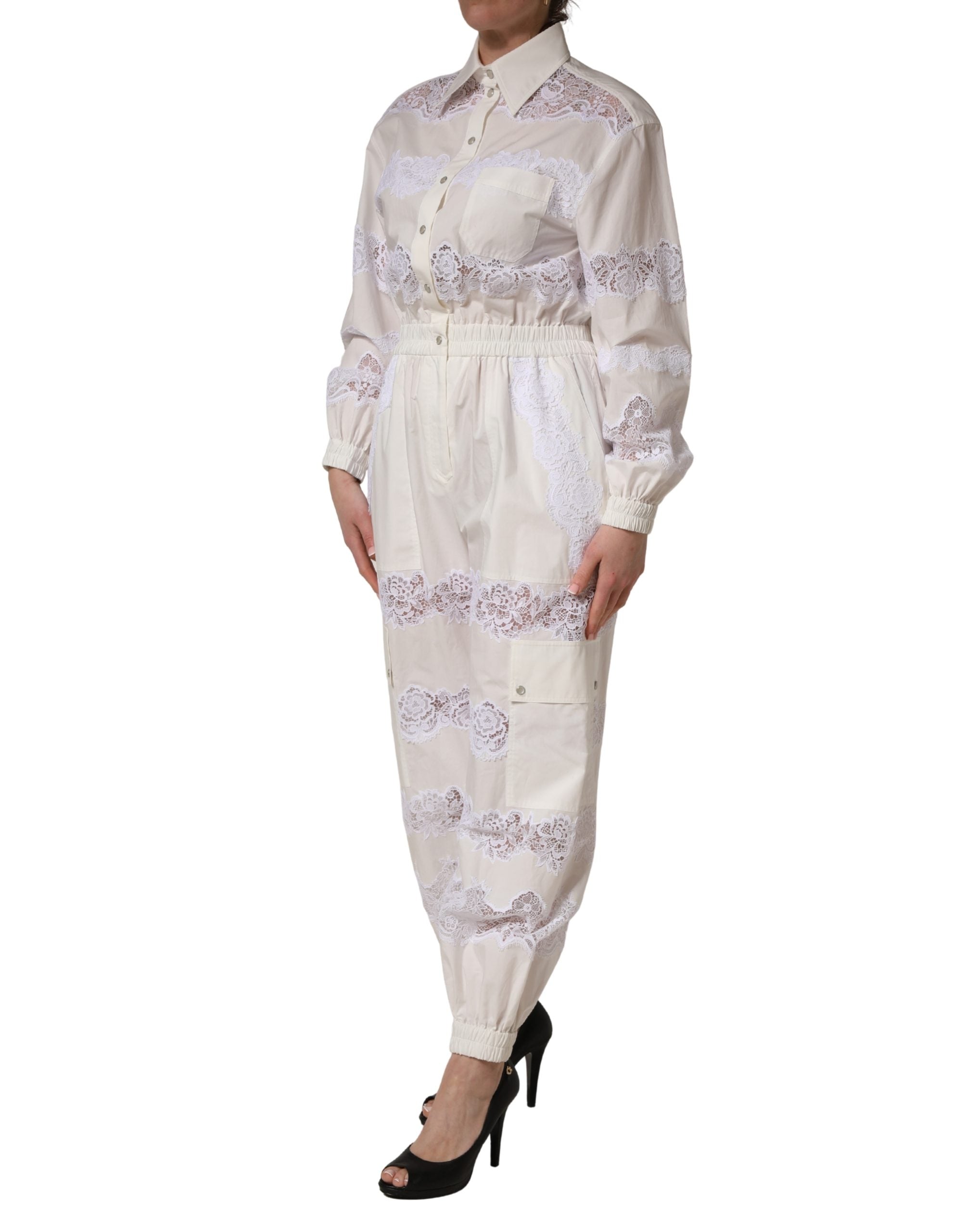 Dolce & Gabbana White Cotton Lace Trim Long Sleeves Jumpsuit Dolce & Gabbana