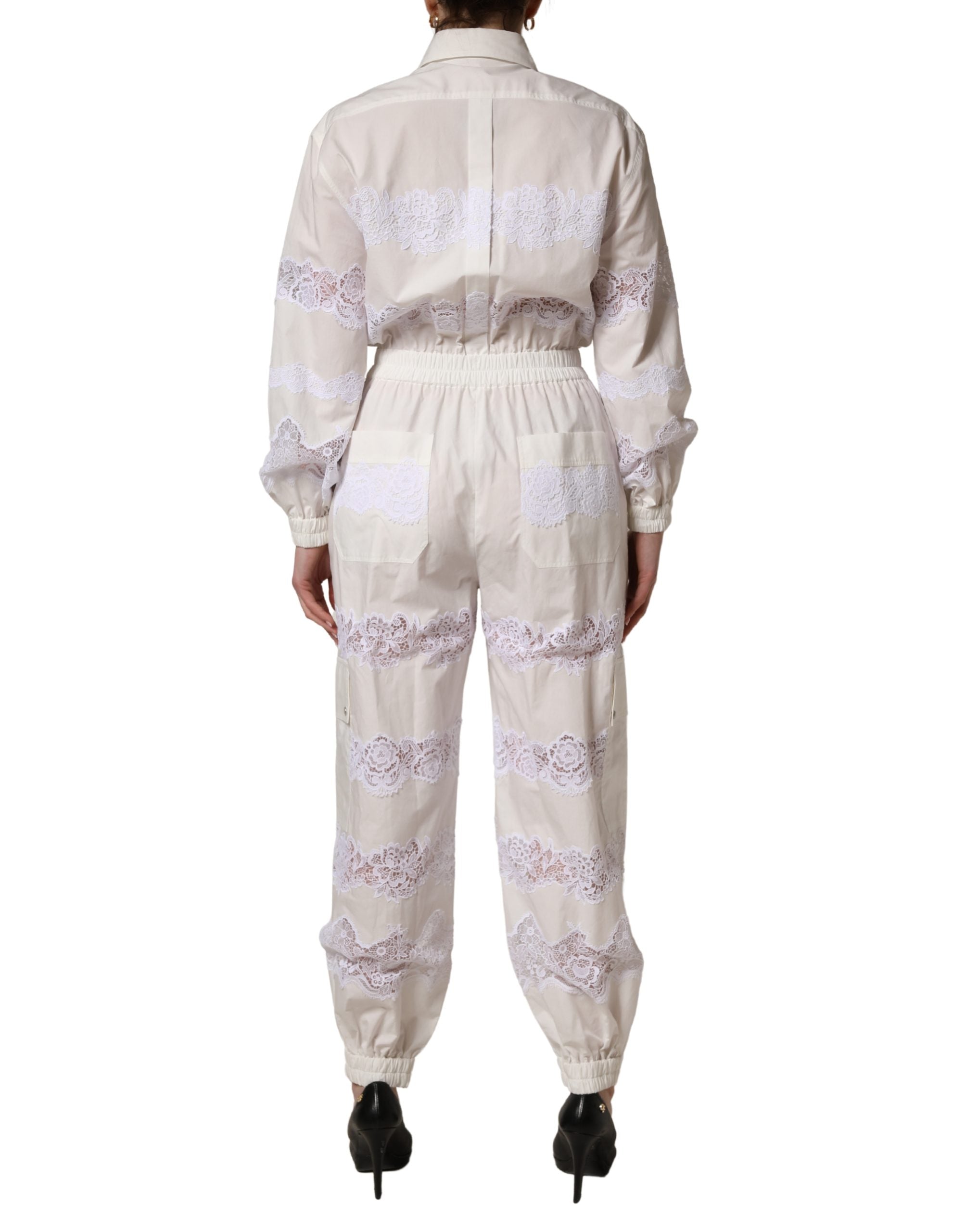 Dolce & Gabbana White Cotton Lace Trim Long Sleeves Jumpsuit Dolce & Gabbana