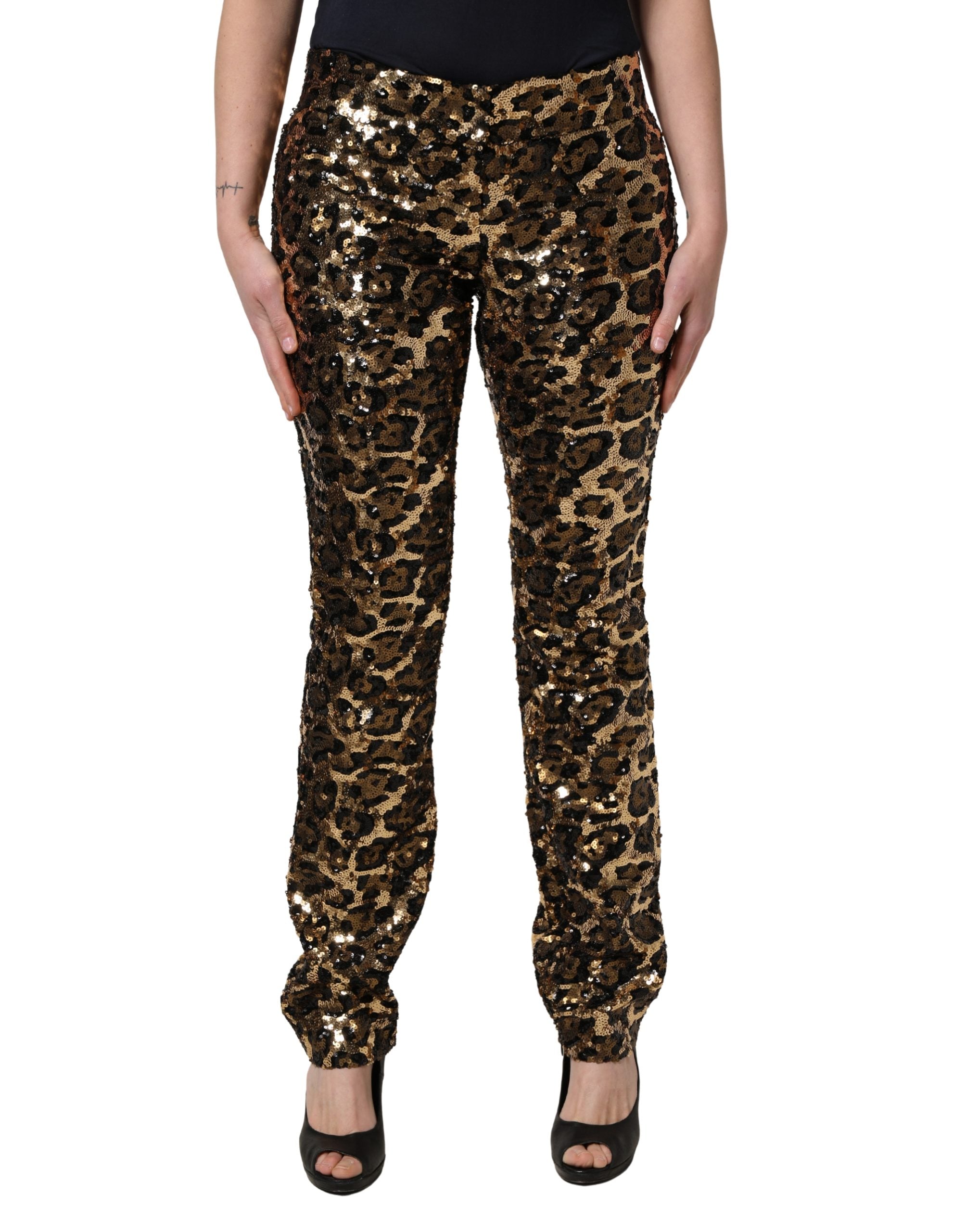 Dolce & Gabbana Gold Leopard Sequined Straight Trouser Pants Dolce & Gabbana