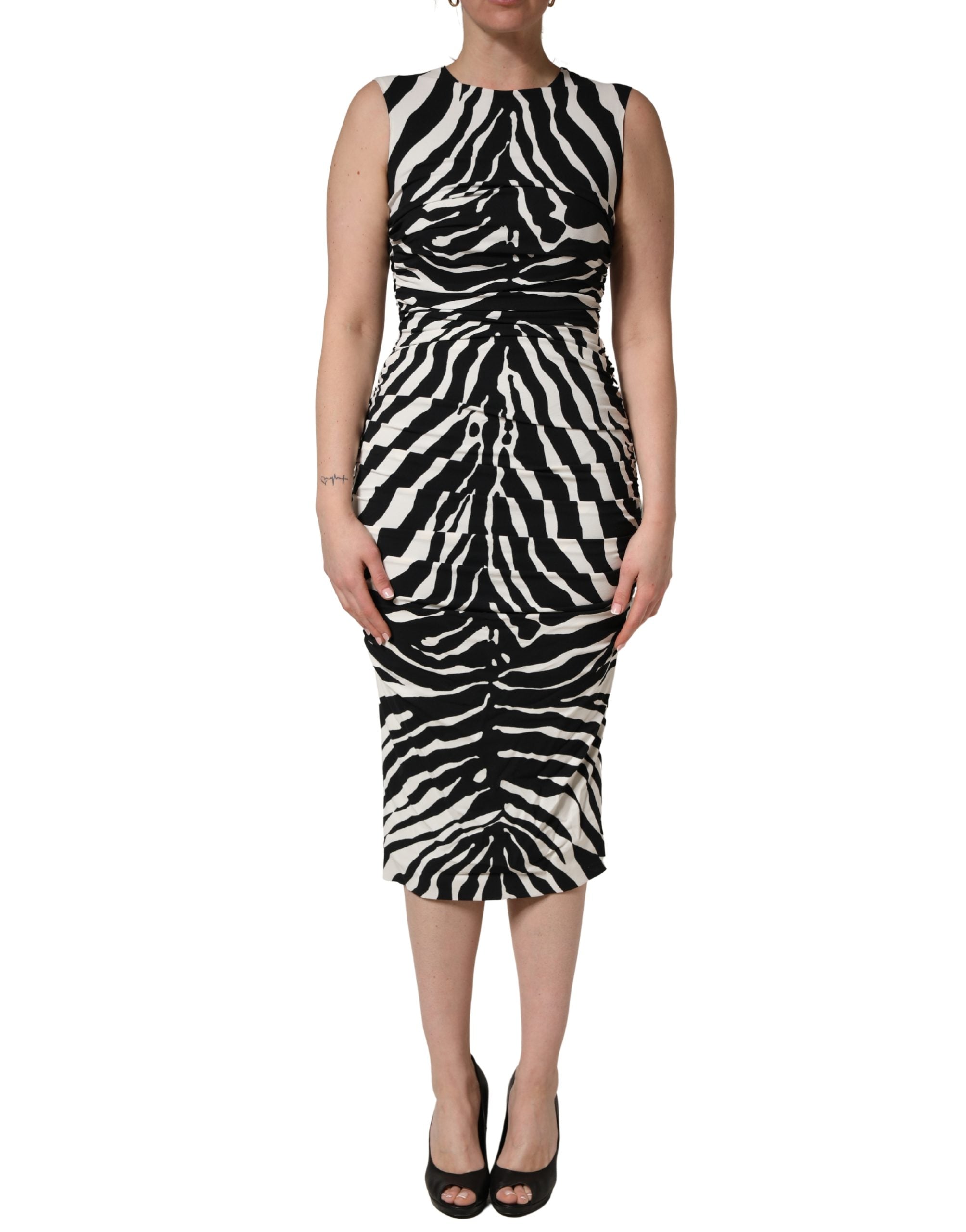Dolce & Gabbana Black White Zebra Cady Calf Length Dress Dolce & Gabbana