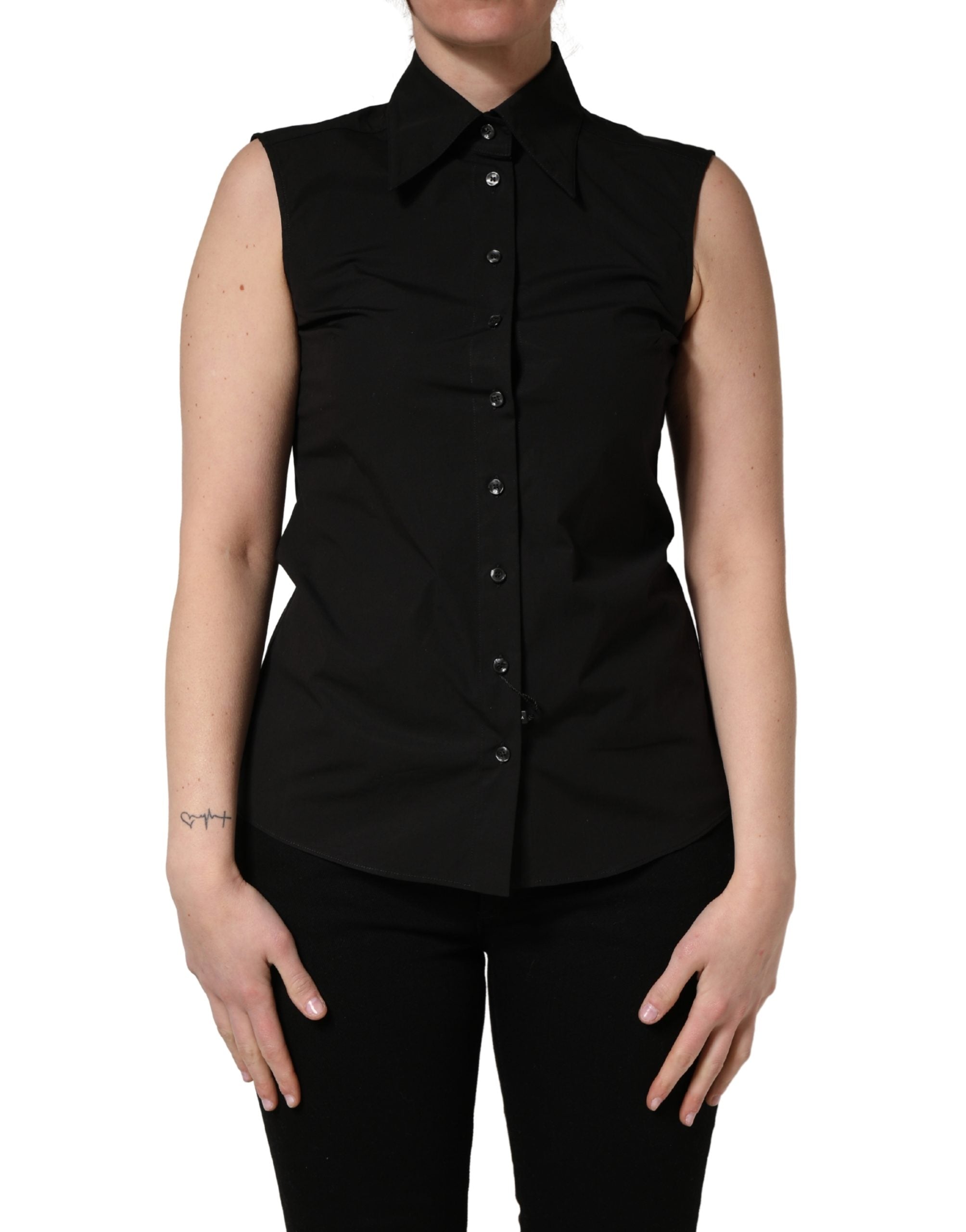 Dolce & Gabbana Black Cotton Sleeveless Collared Blouse Top Dolce & Gabbana