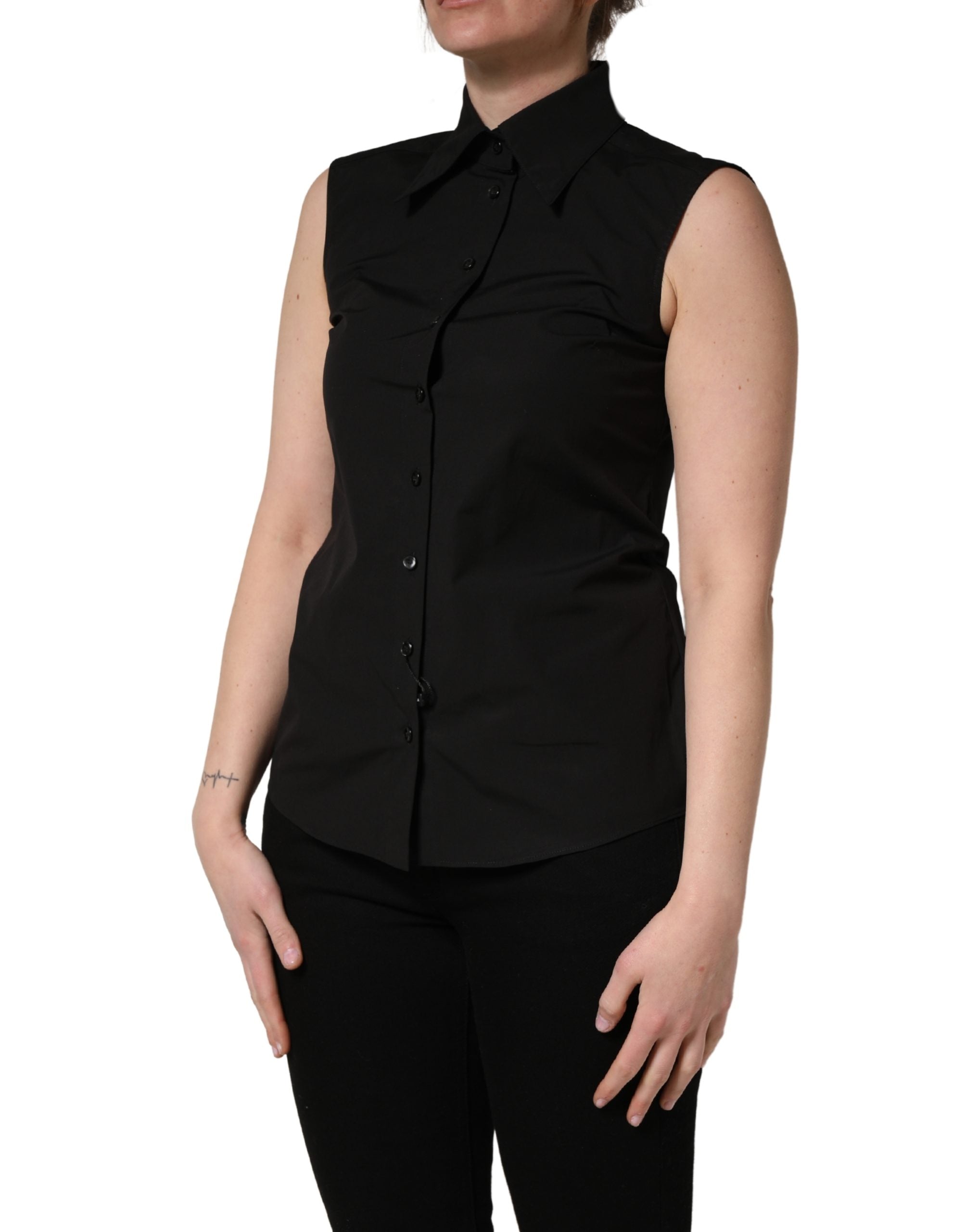 Dolce & Gabbana Black Cotton Sleeveless Collared Blouse Top Dolce & Gabbana