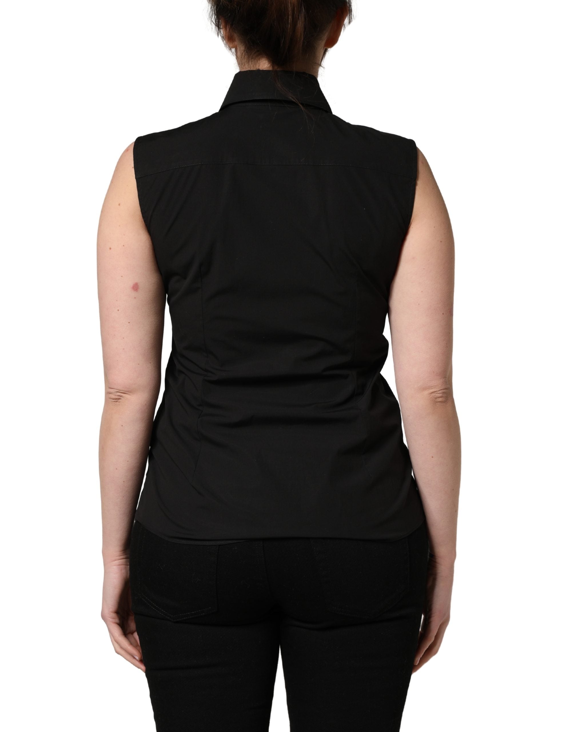 Dolce & Gabbana Black Cotton Sleeveless Collared Blouse Top Dolce & Gabbana