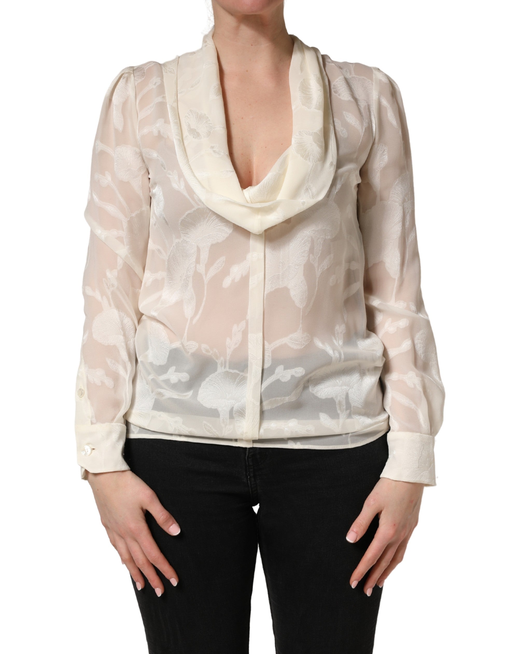 Dolce & Gabbana Off White Floral Semi Sheer Silk Blouse Top Dolce & Gabbana
