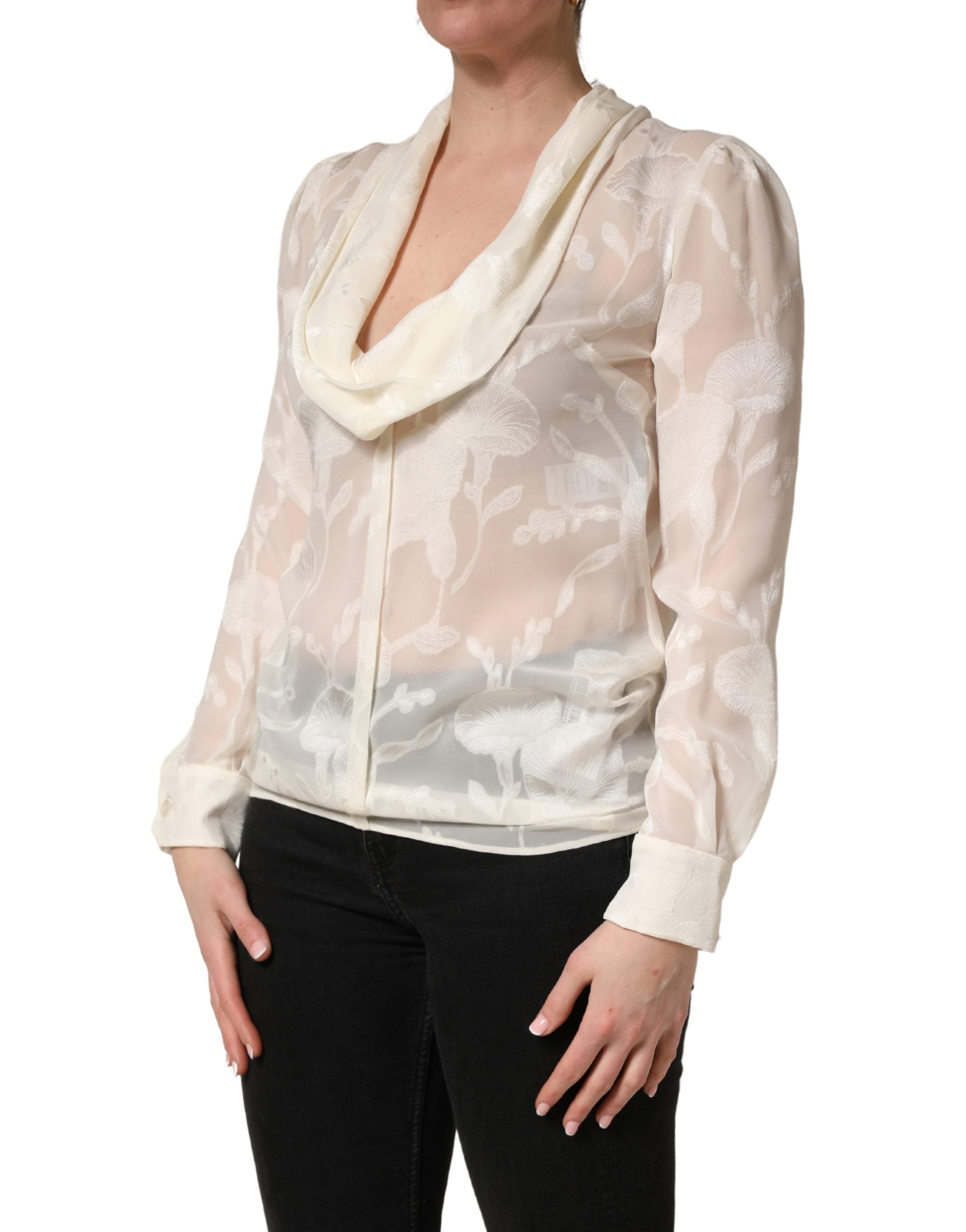 Dolce & Gabbana Off White Floral Semi Sheer Silk Blouse Top Dolce & Gabbana