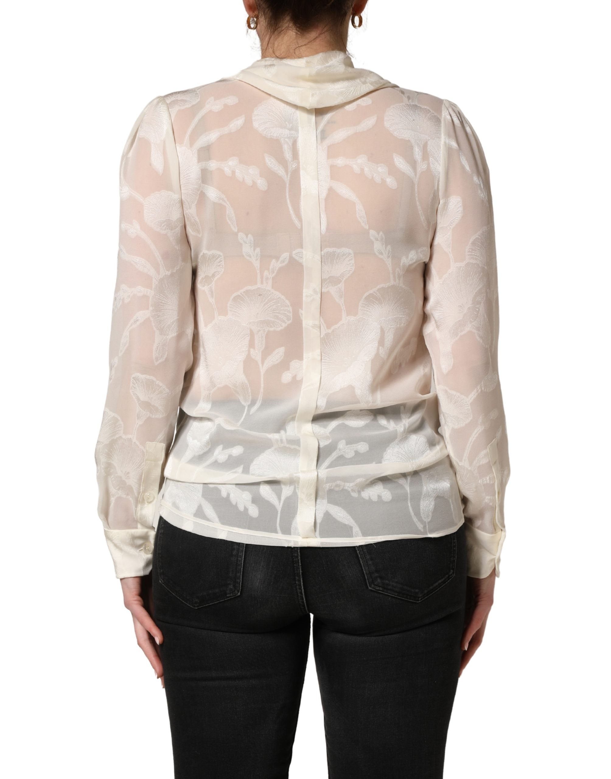 Dolce & Gabbana Off White Floral Semi Sheer Silk Blouse Top Dolce & Gabbana