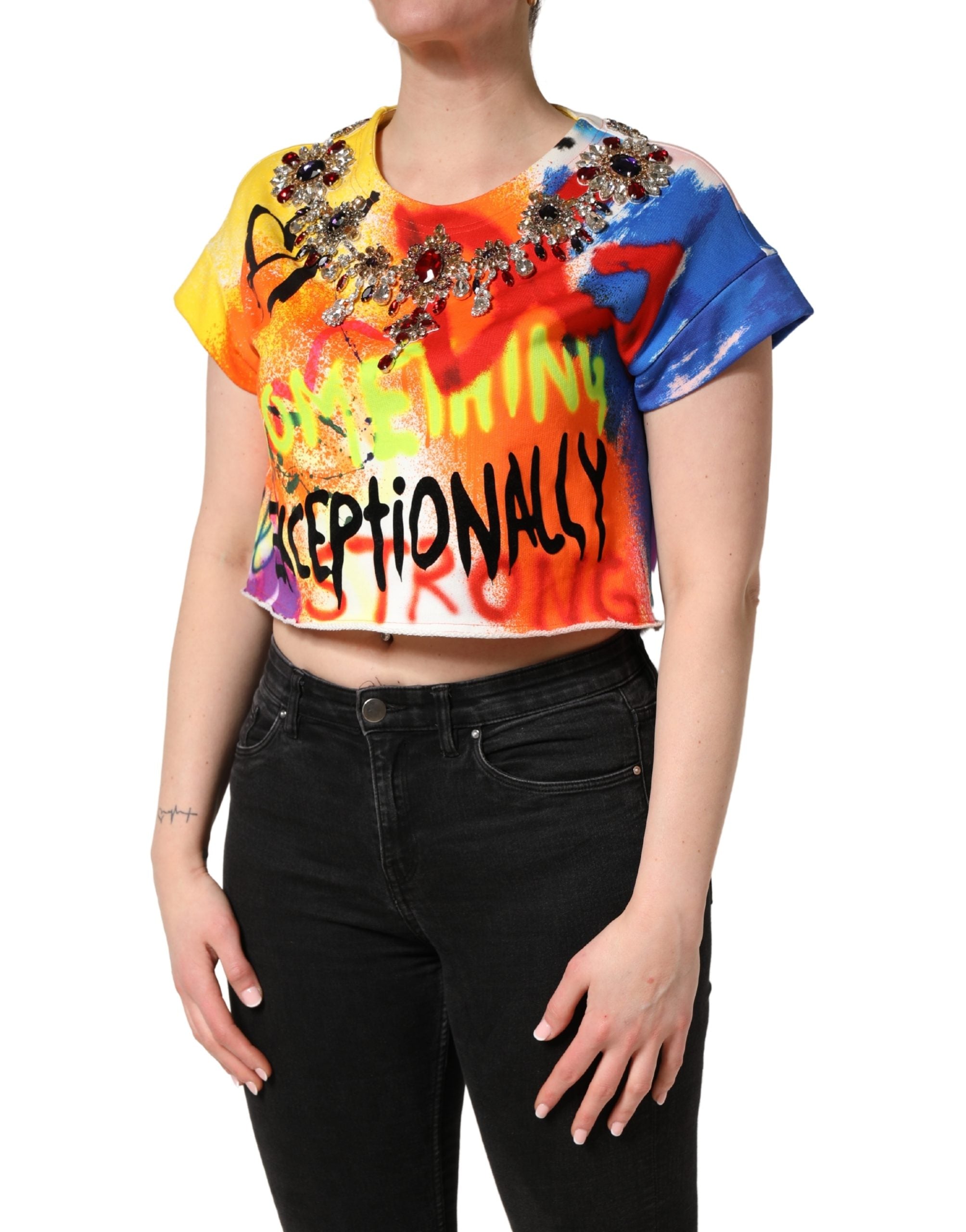 Dolce & Gabbana Multicolor Graffiti Crystals Crop Jersey Top Dolce & Gabbana
