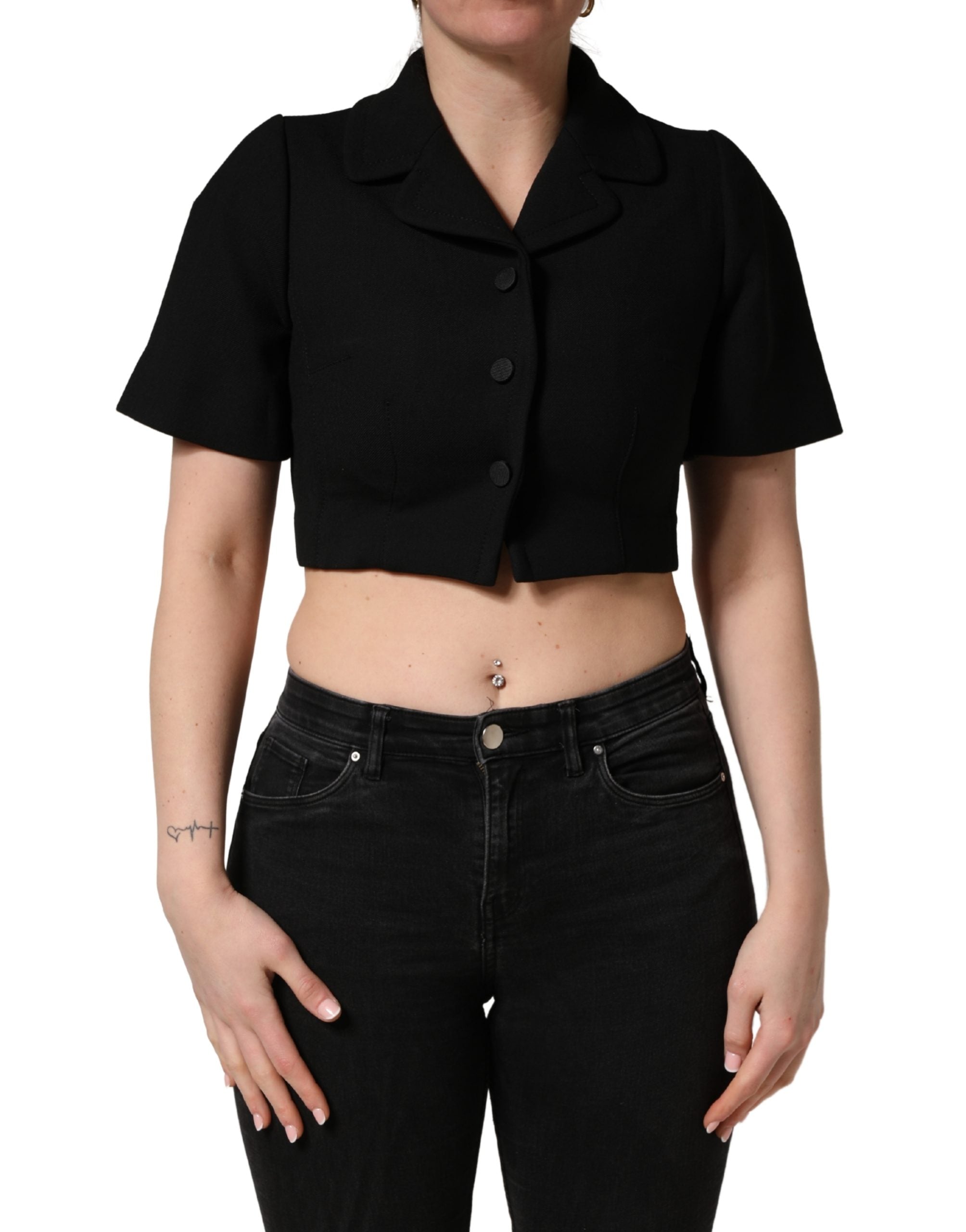 Dolce & Gabbana Black Collared Short Sleeves Cropped Blouse Top Dolce & Gabbana