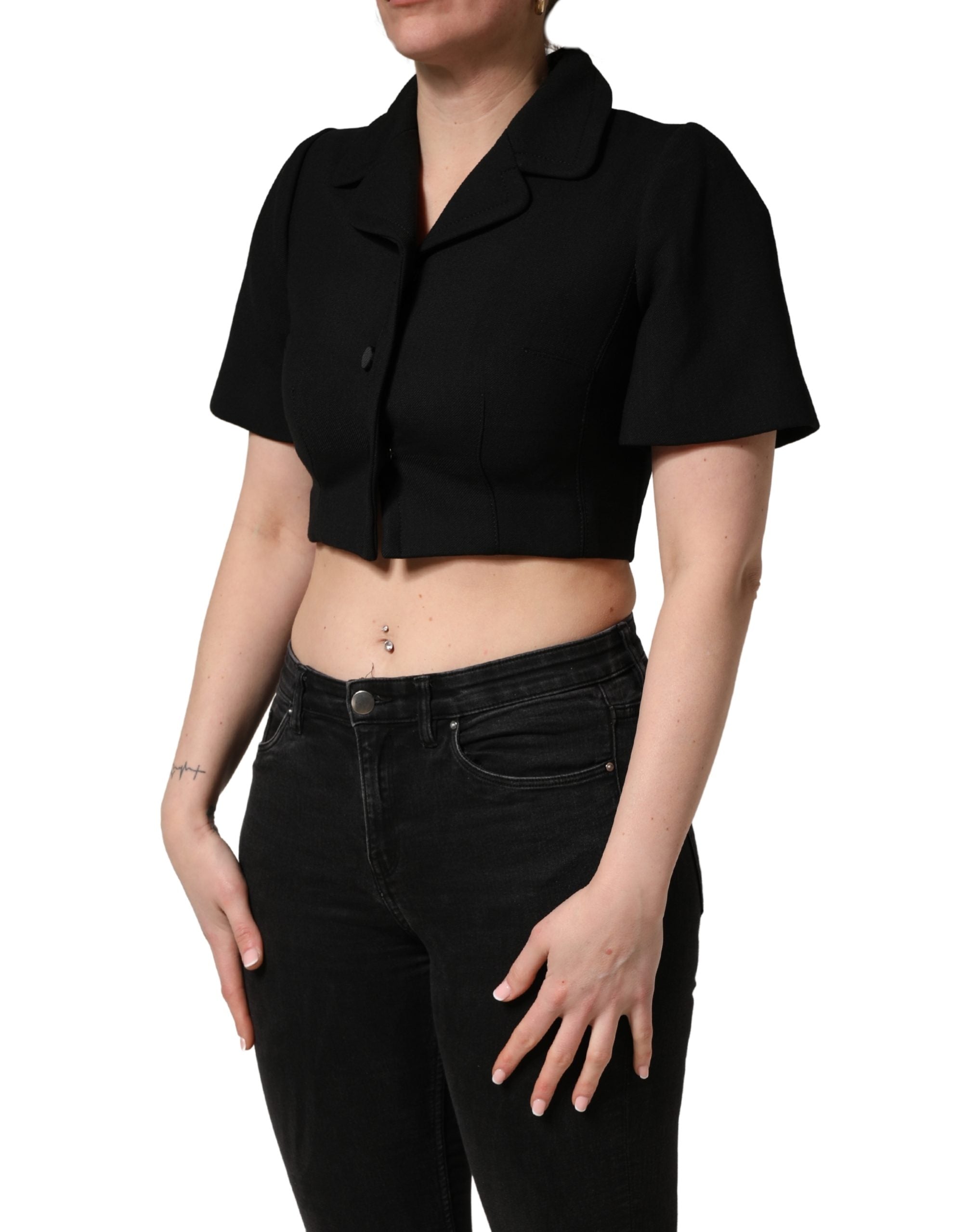 Dolce & Gabbana Black Collared Short Sleeves Cropped Blouse Top Dolce & Gabbana