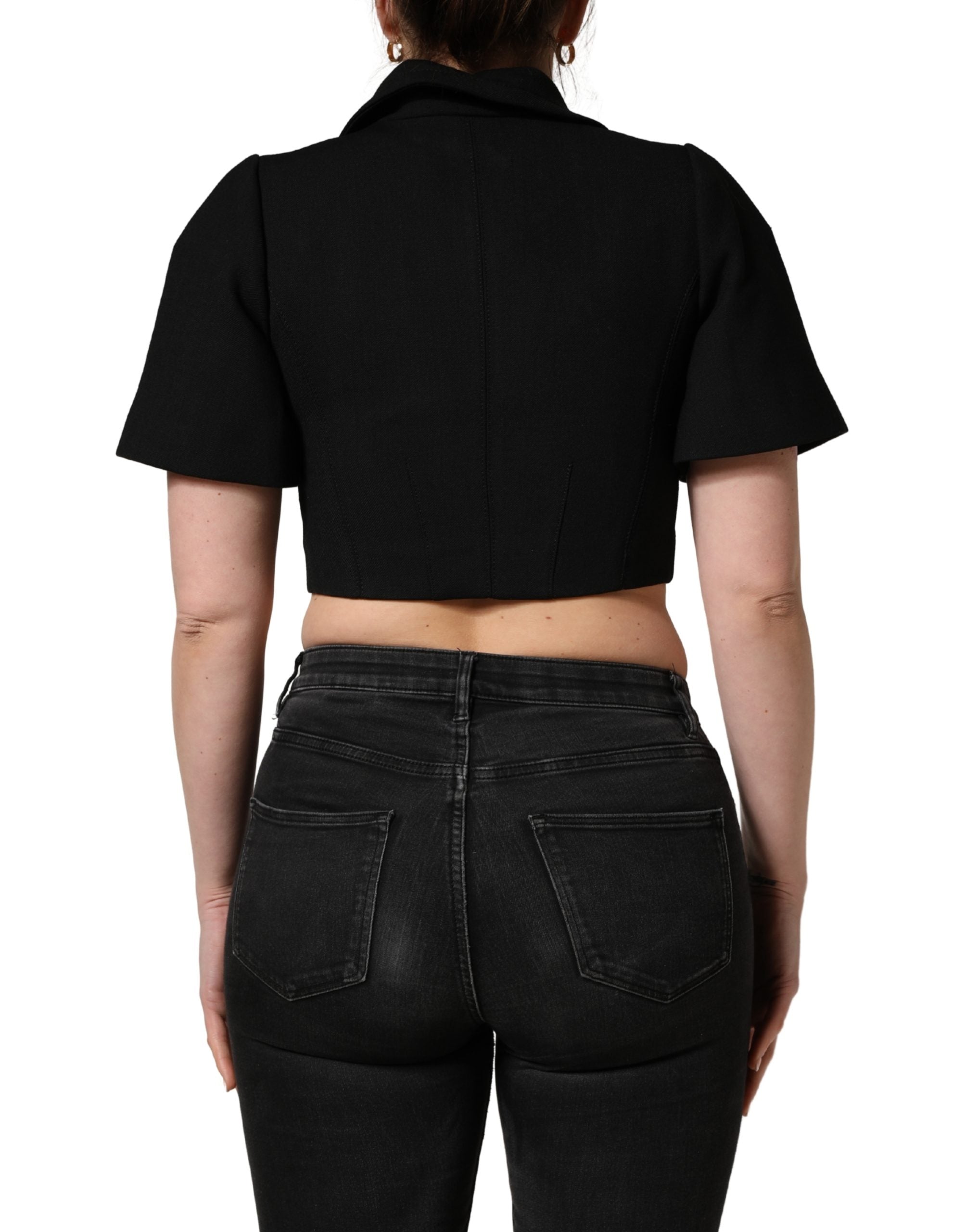 Dolce & Gabbana Black Collared Short Sleeves Cropped Blouse Top Dolce & Gabbana