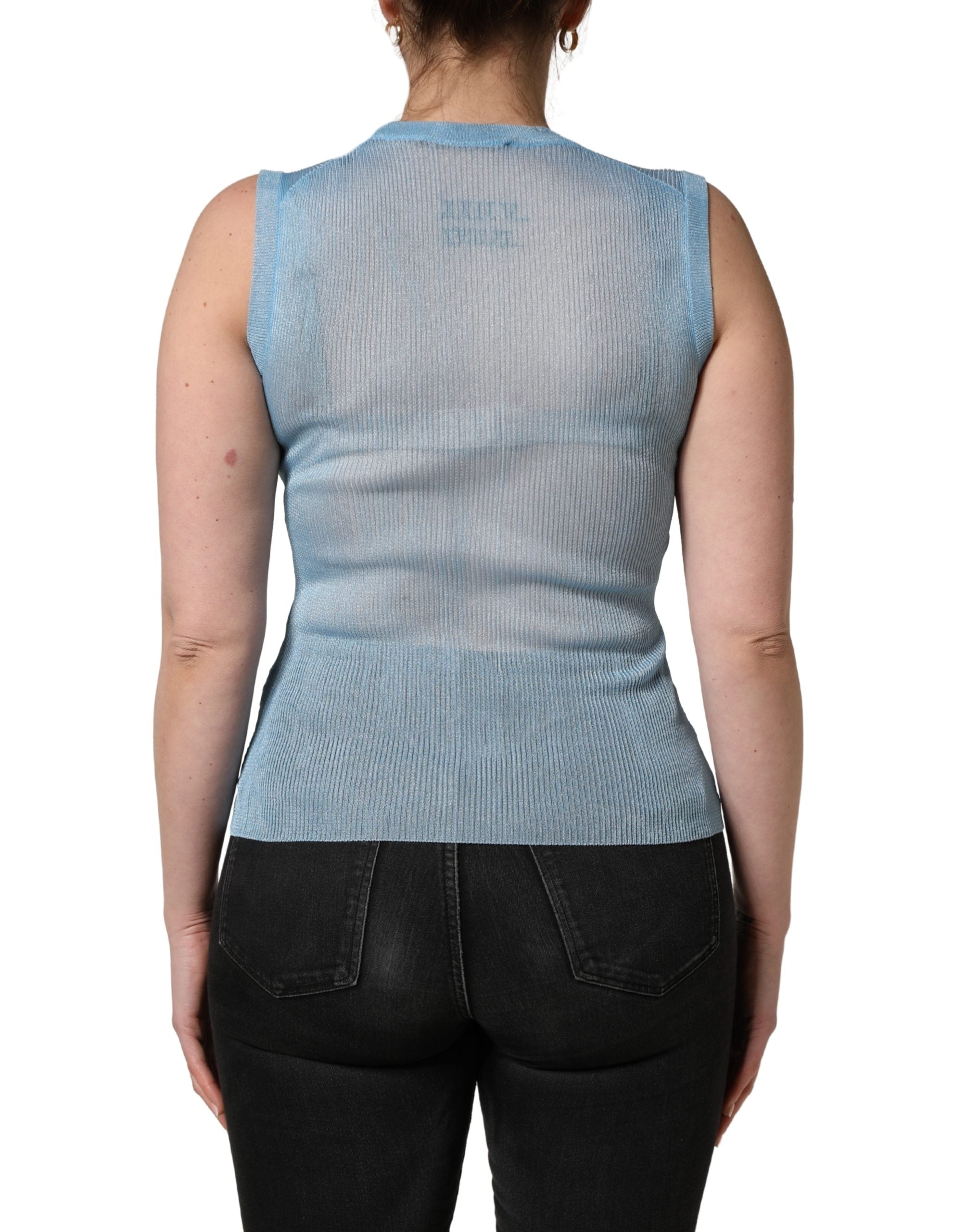 Dolce & Gabbana Blue Semi Sheer Ribbed Sleeveless Tank Top Dolce & Gabbana