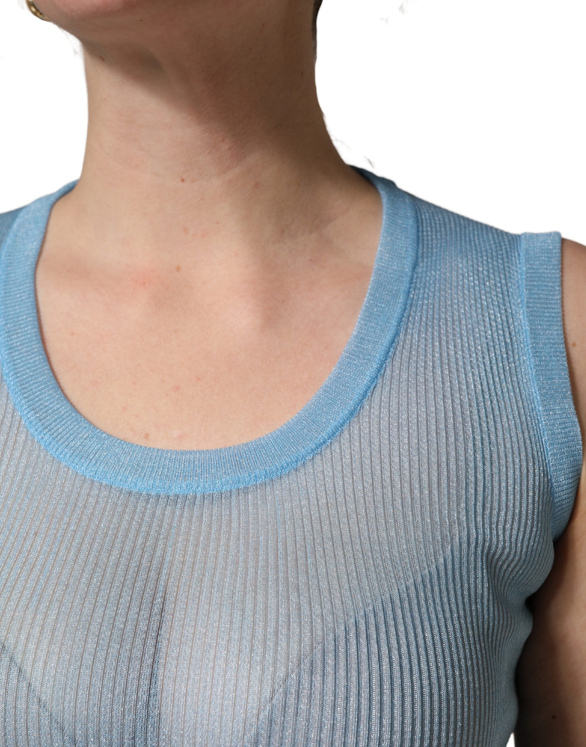 Dolce & Gabbana Blue Semi Sheer Ribbed Sleeveless Tank Top Dolce & Gabbana