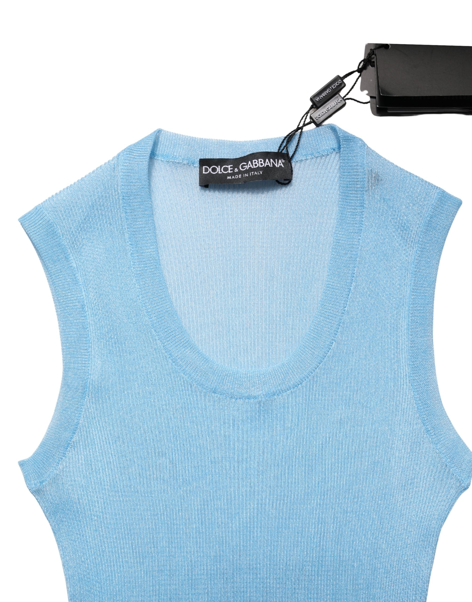 Dolce & Gabbana Blue Semi Sheer Ribbed Sleeveless Tank Top Dolce & Gabbana