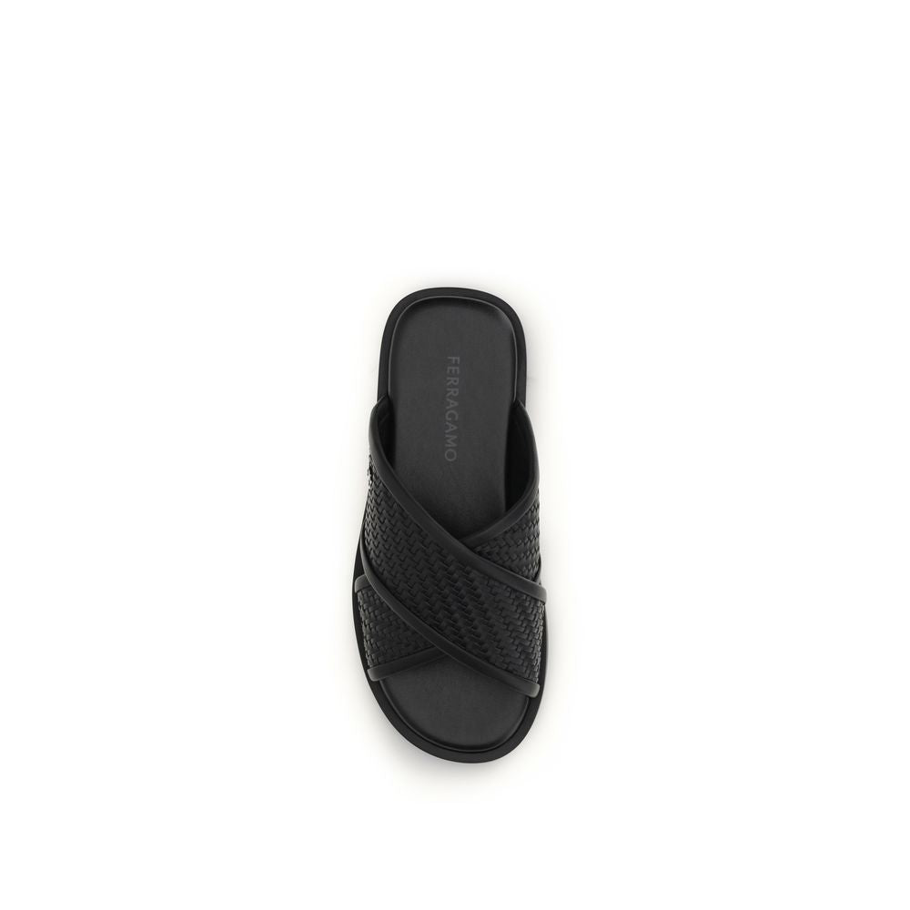 Ferragamo Black Calf Leather Bos Taurus Flat Sandals Ferragamo