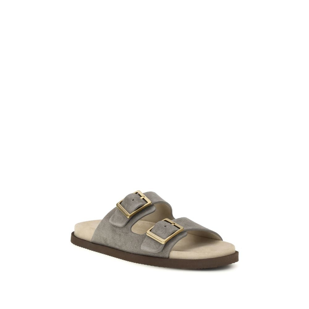 Brunello Cucinelli Gray Calf Leather Bos Taurus Flat Sandals Brunello Cucinelli