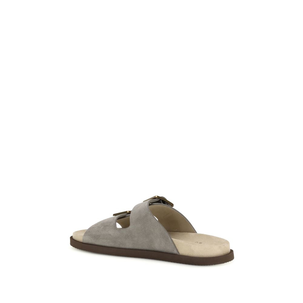 Brunello Cucinelli Gray Calf Leather Bos Taurus Flat Sandals Brunello Cucinelli