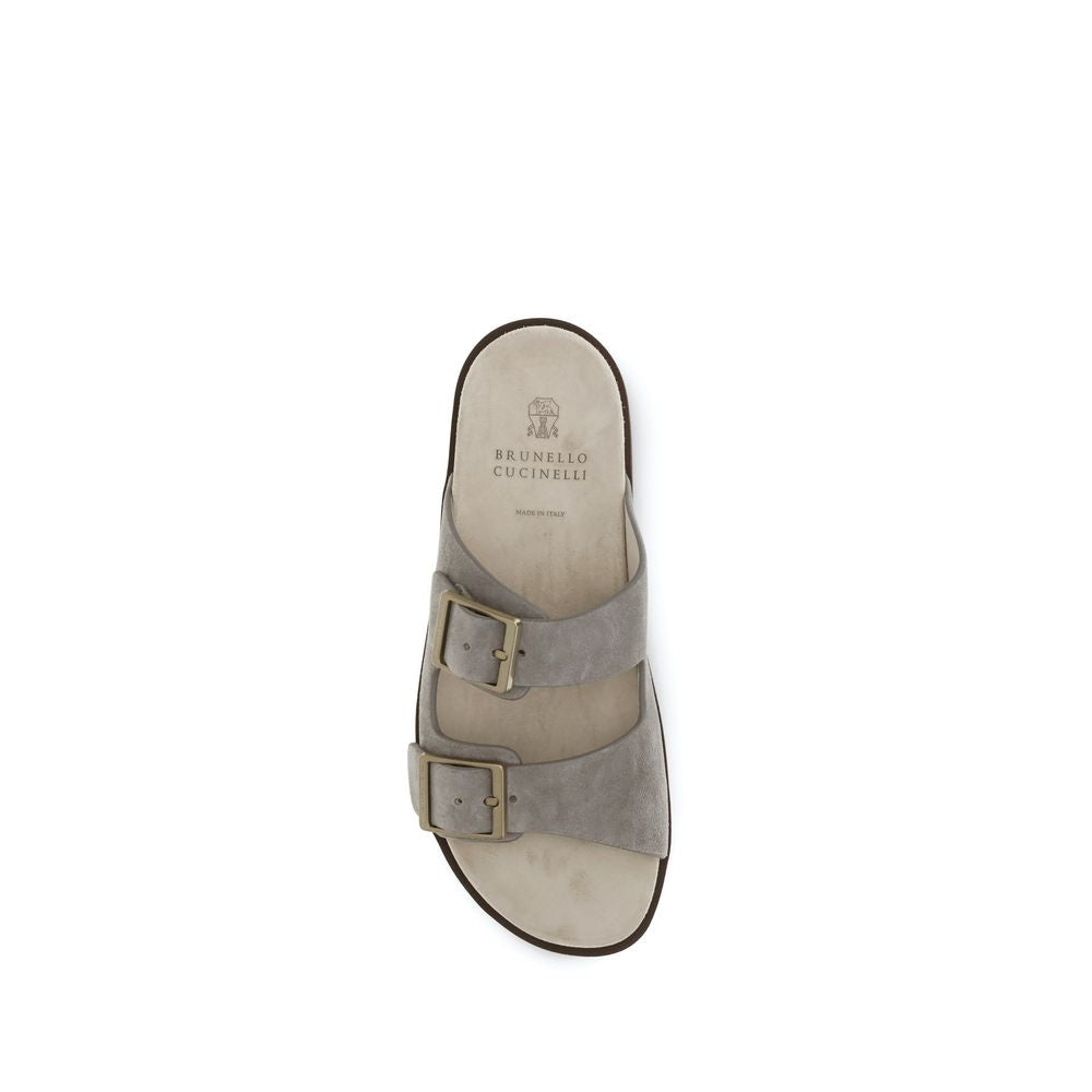 Brunello Cucinelli Gray Calf Leather Bos Taurus Flat Sandals Brunello Cucinelli