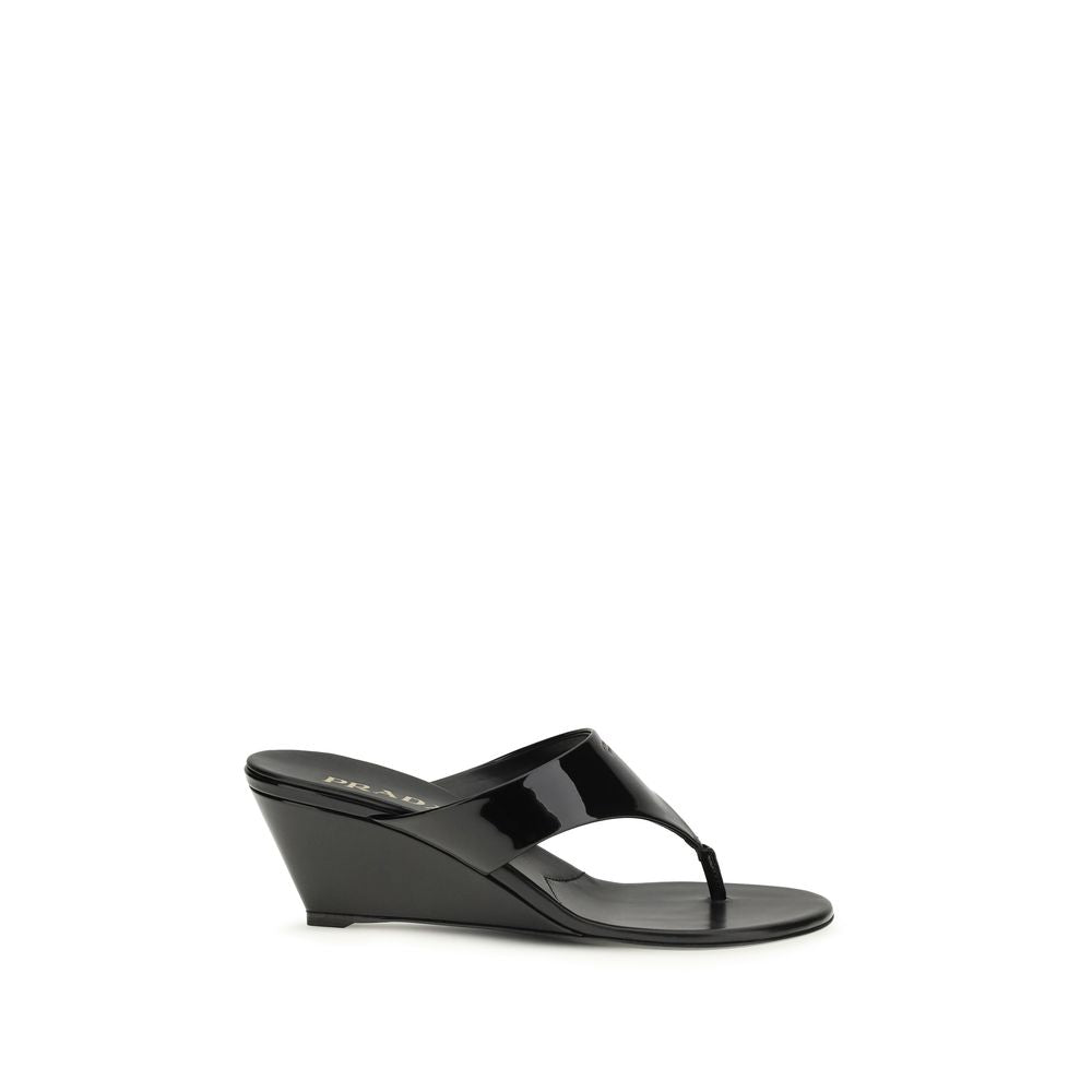 Prada Black Calf Leather Bos Taurus Wedge Sandals Prada