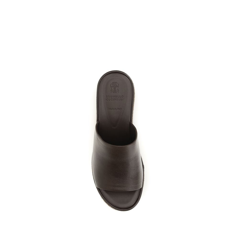 Brunello Cucinelli Brown Calf Leather Bos Taurus Platform Sandals Brunello Cucinelli