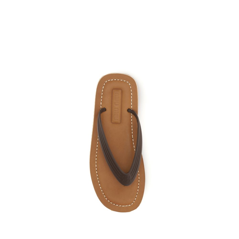 Miu Miu Brown Calf Leather Bos Taurus Flip-Flop Sandals Miu Miu