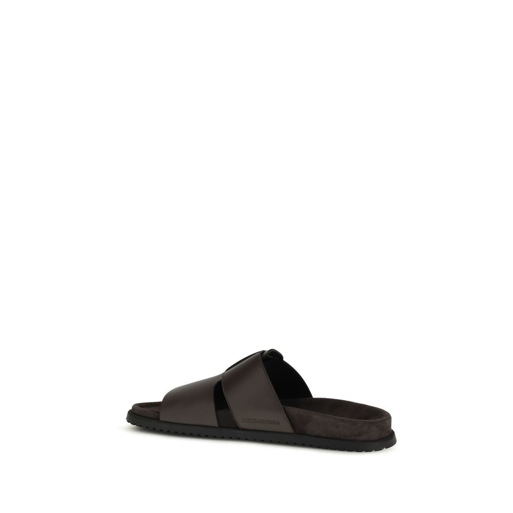 Dolce & Gabbana Brown Calf Leather Bos Taurus Flat Sandals Dolce & Gabbana