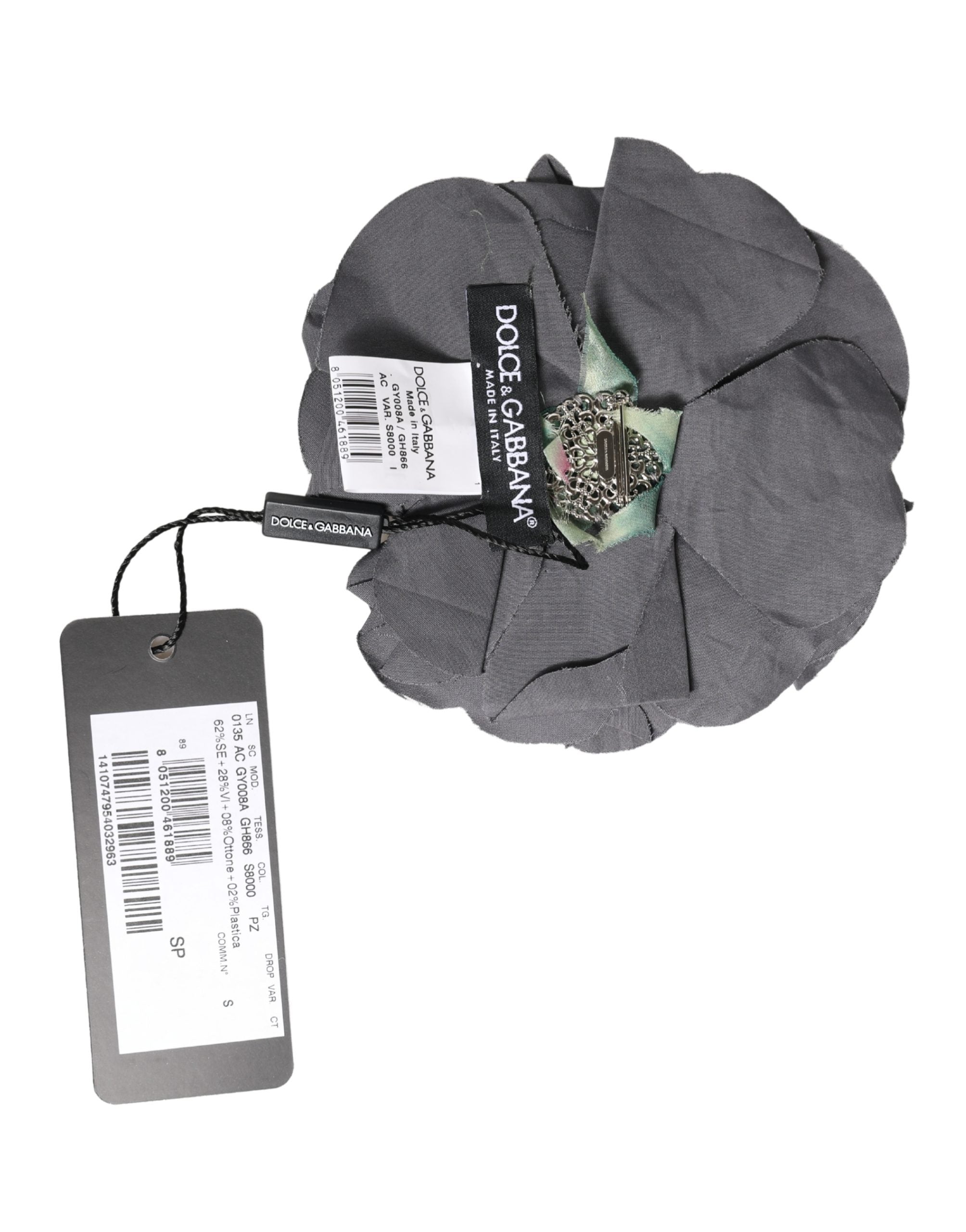 Dolce & Gabbana Gray Floral Motif Silk Blend Poplin Fabric Bar Pin  Brooch Dolce & Gabbana