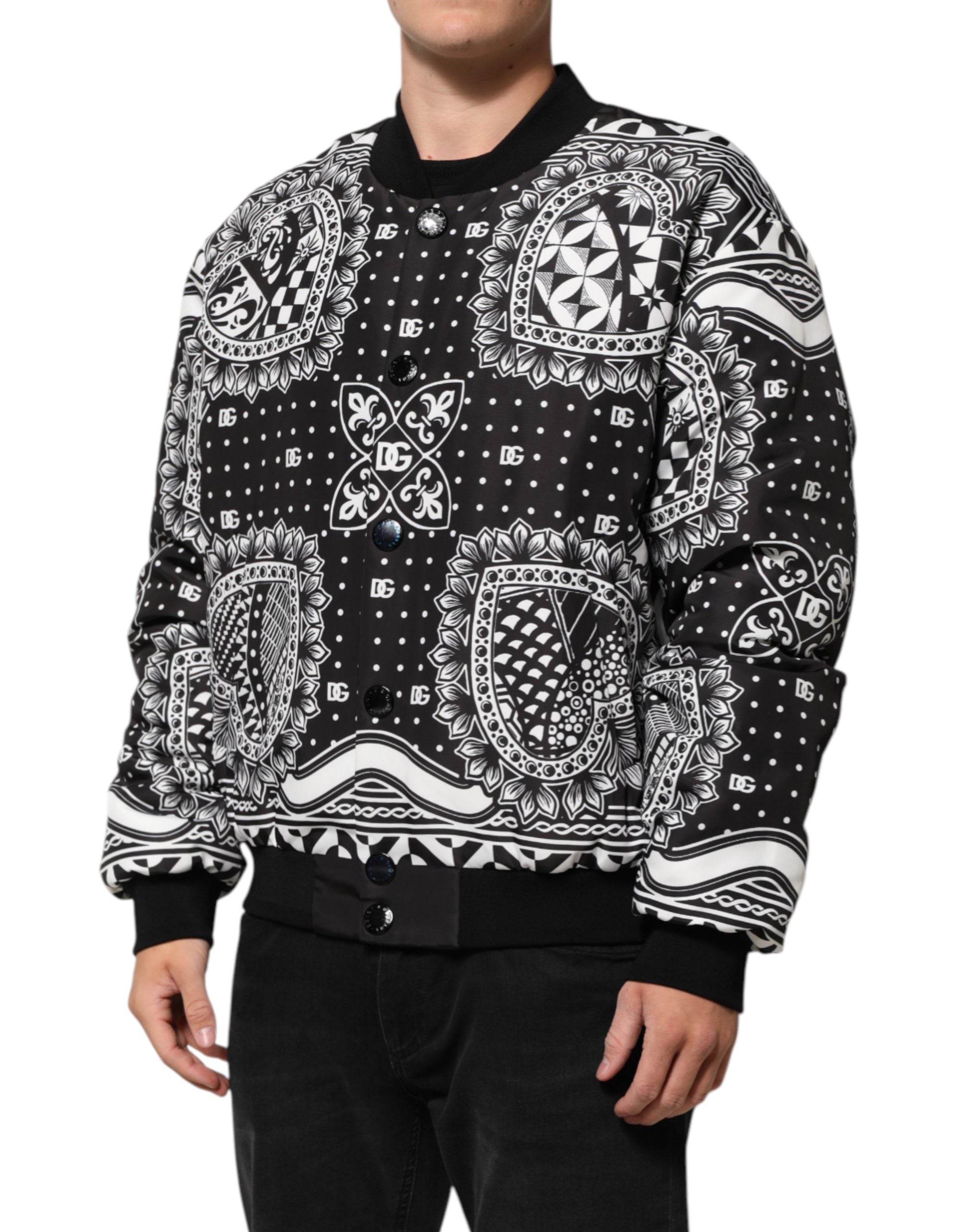 Dolce & Gabbana Black White BandanaPrint Men Bomber  Jacket Dolce & Gabbana