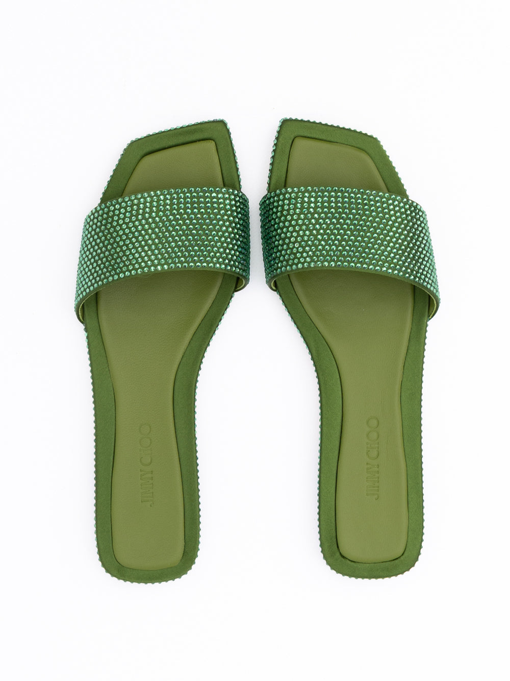 Jimmy Choo Green Satin Crystal Clovis Flat Jimmy Choo