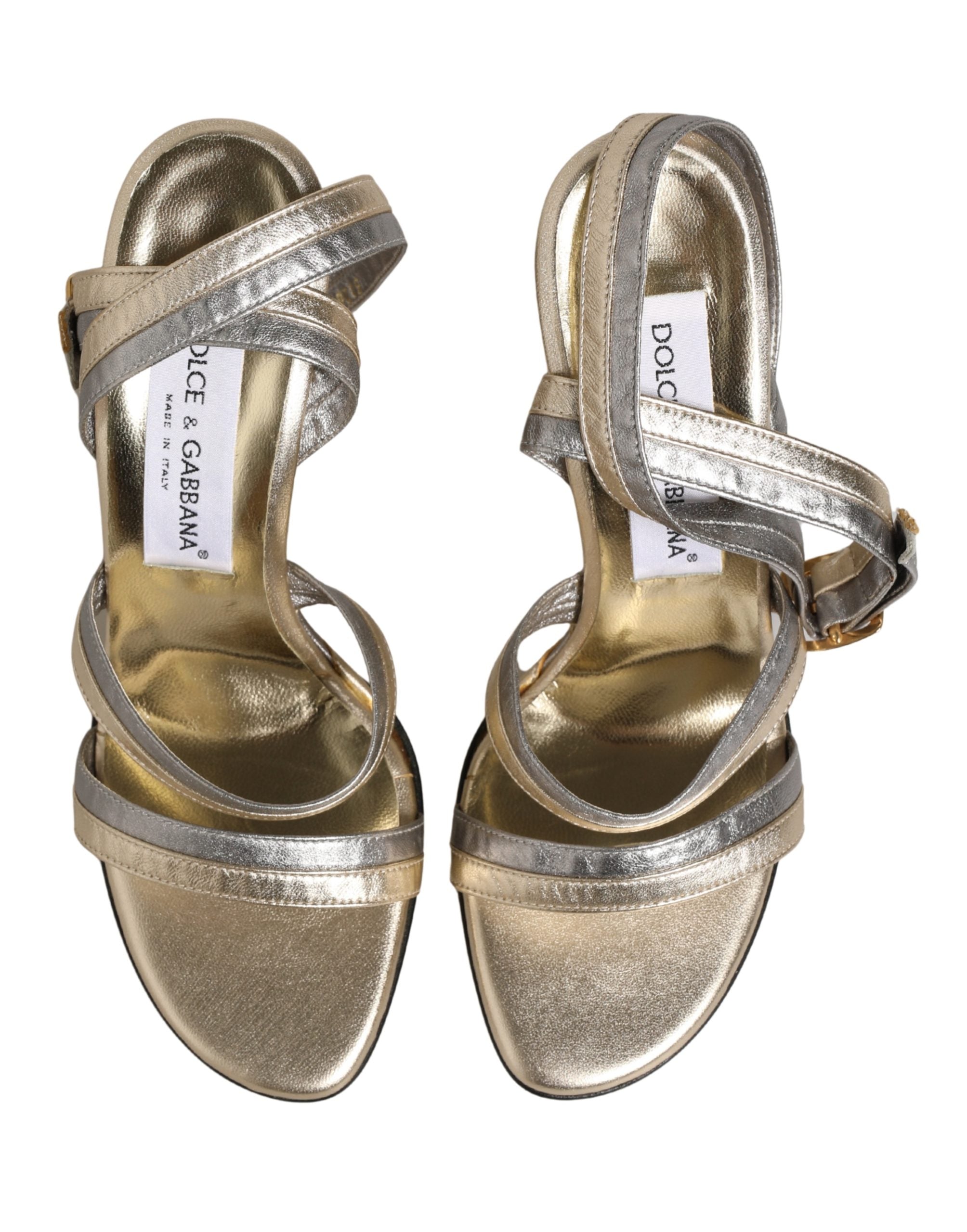 Dolce & Gabbana Gold Silver Leather Wedge Heels Sandals Shoes Dolce & Gabbana