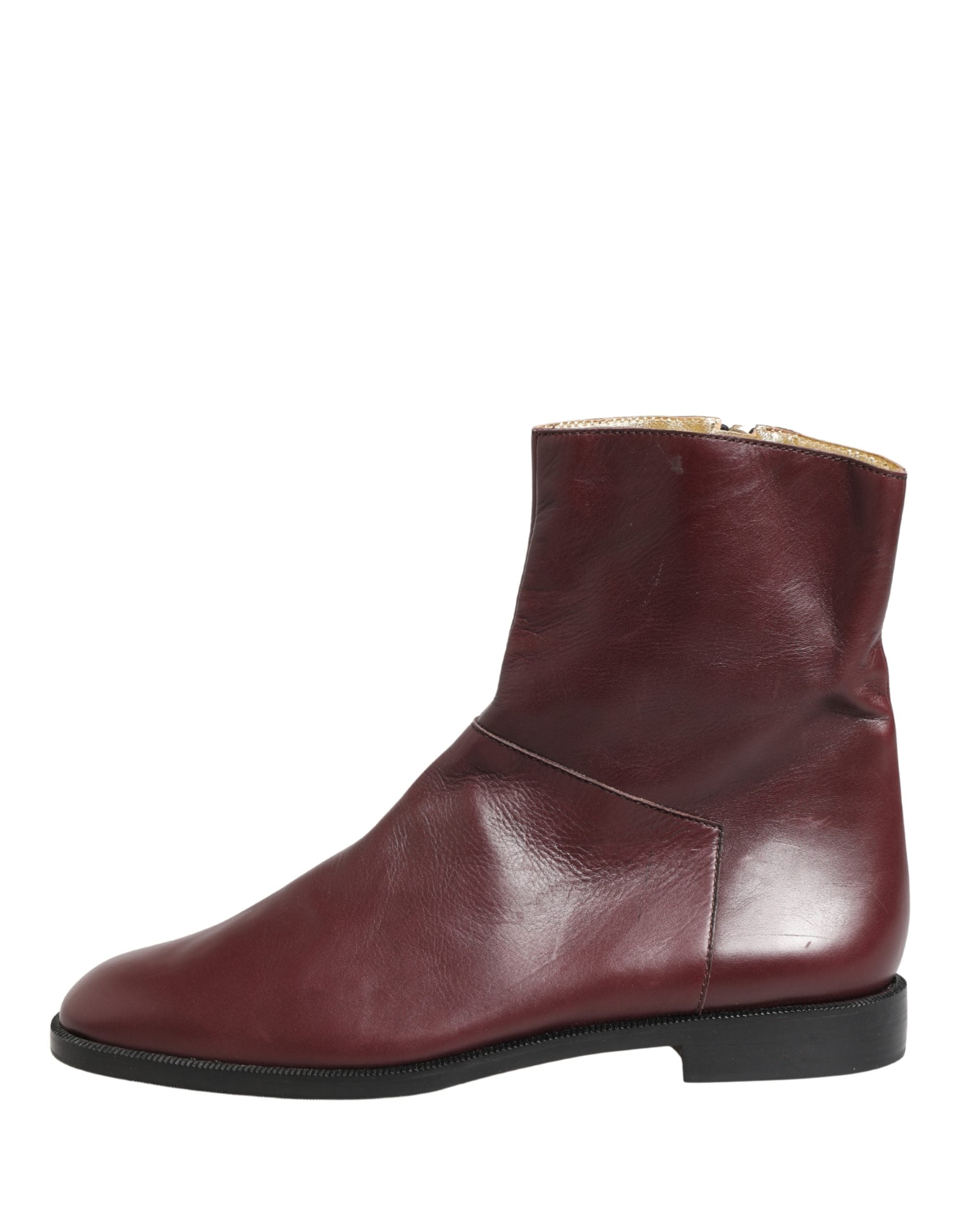 Dolce & Gabbana Maroon Leather Flats Biker Ankle Boots Shoes Dolce & Gabbana