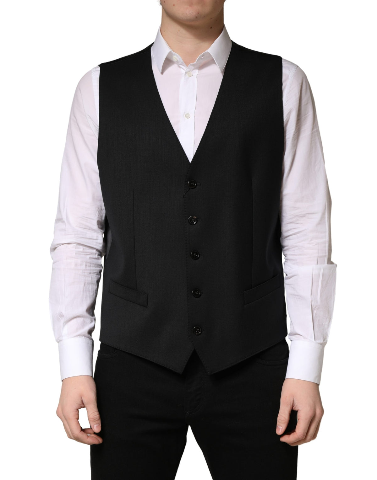 Dolce & Gabbana Black Wool Single Breasted Men Waistcoat Vest