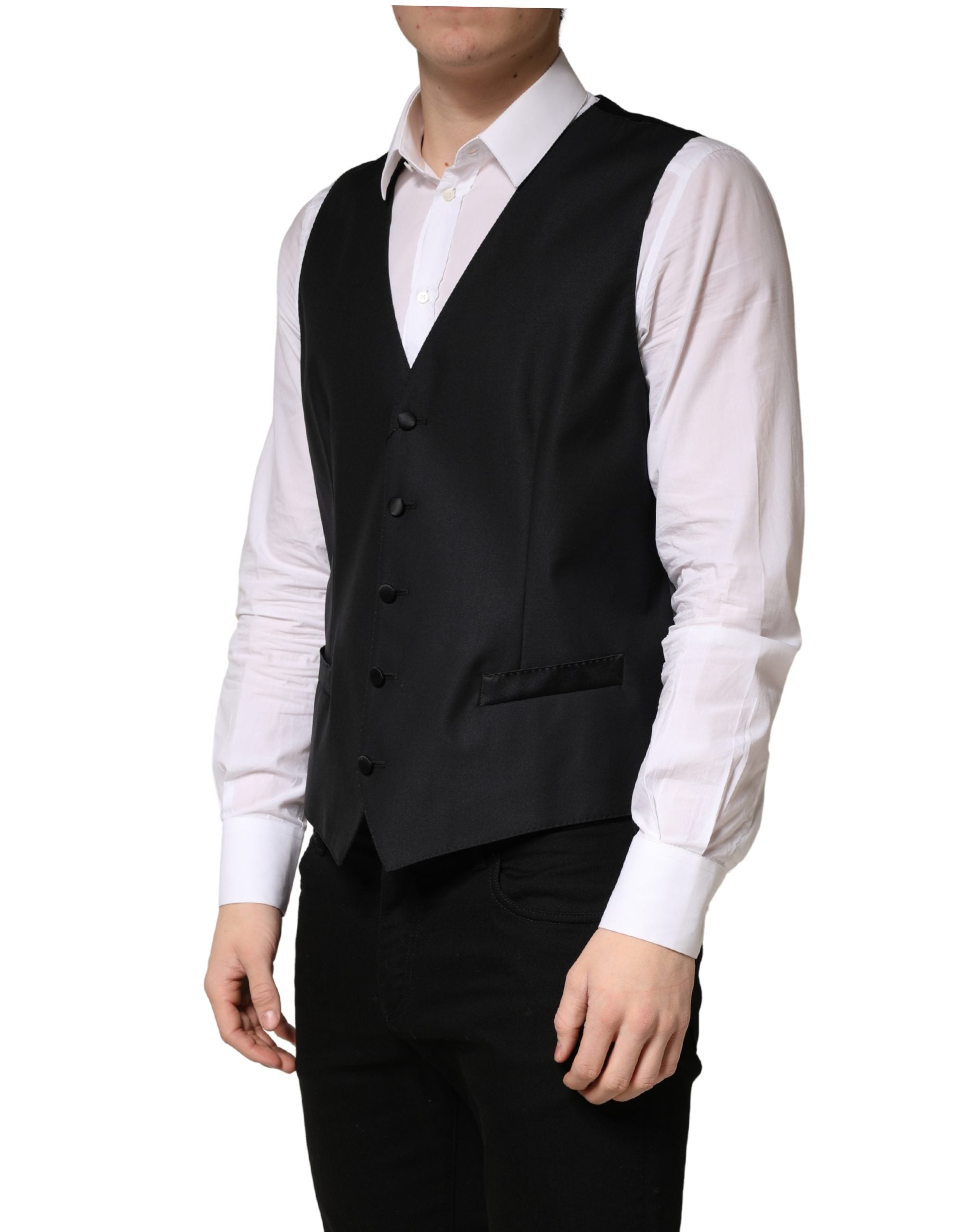 Dolce & Gabbana Black Wool Single Breasted Men Waistcoat Vest Dolce & Gabbana