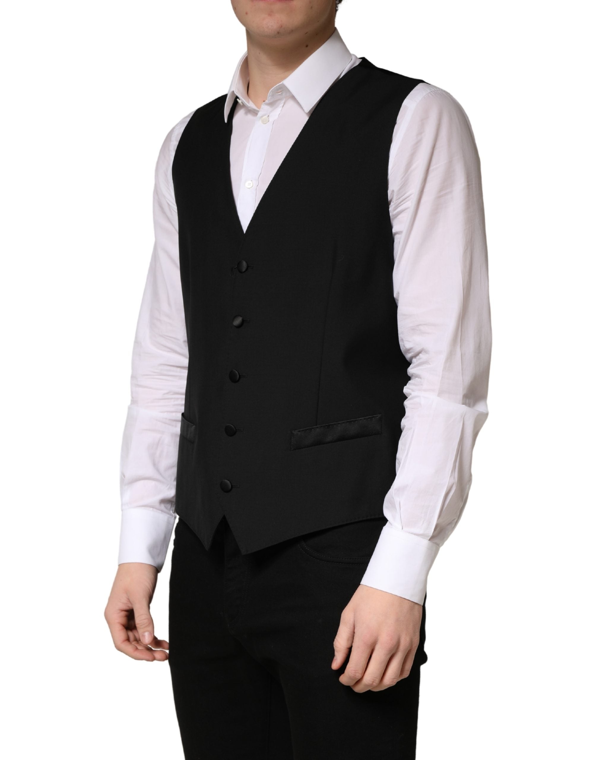 Dolce & Gabbana Black Wool Single Breasted Men Waistcoat Vest Dolce & Gabbana
