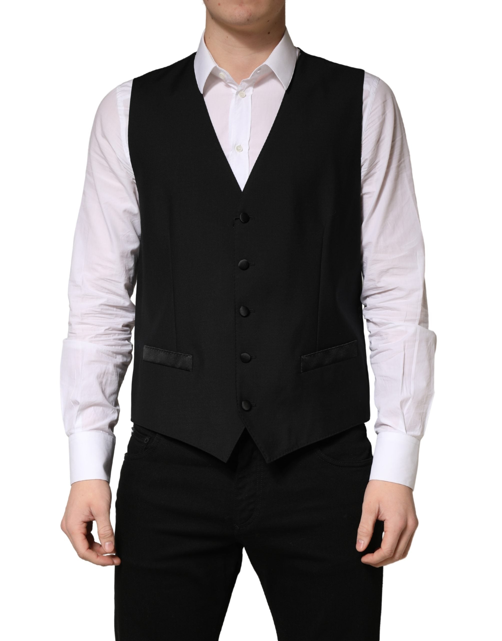 Dolce & Gabbana Black Wool Single Breasted Men Waistcoat Vest Dolce & Gabbana