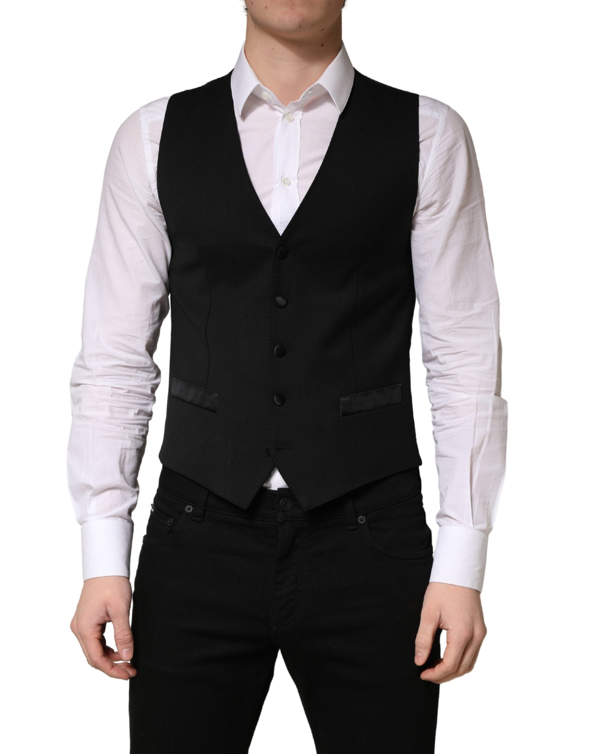 Dolce & Gabbana Black Wool Single Breasted Men Waistcoat Vest Dolce & Gabbana